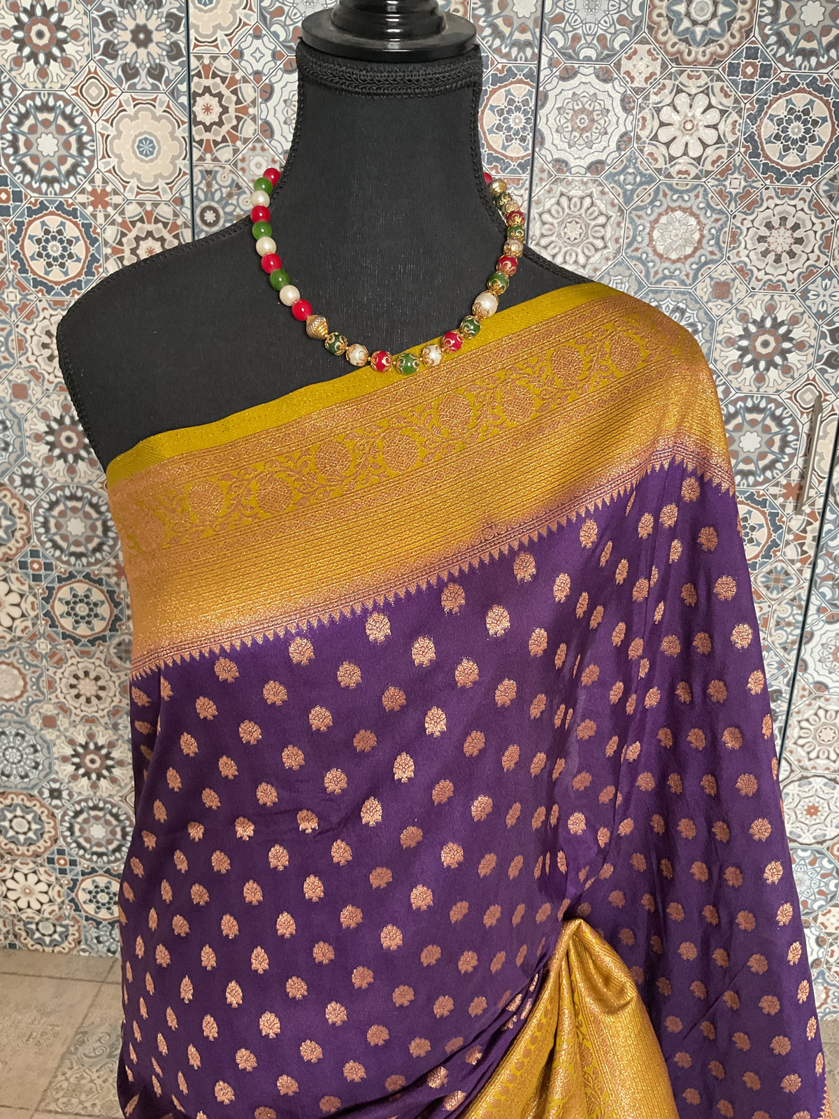 Banarasi crepe silk saree(Royal purple with gold sari border)