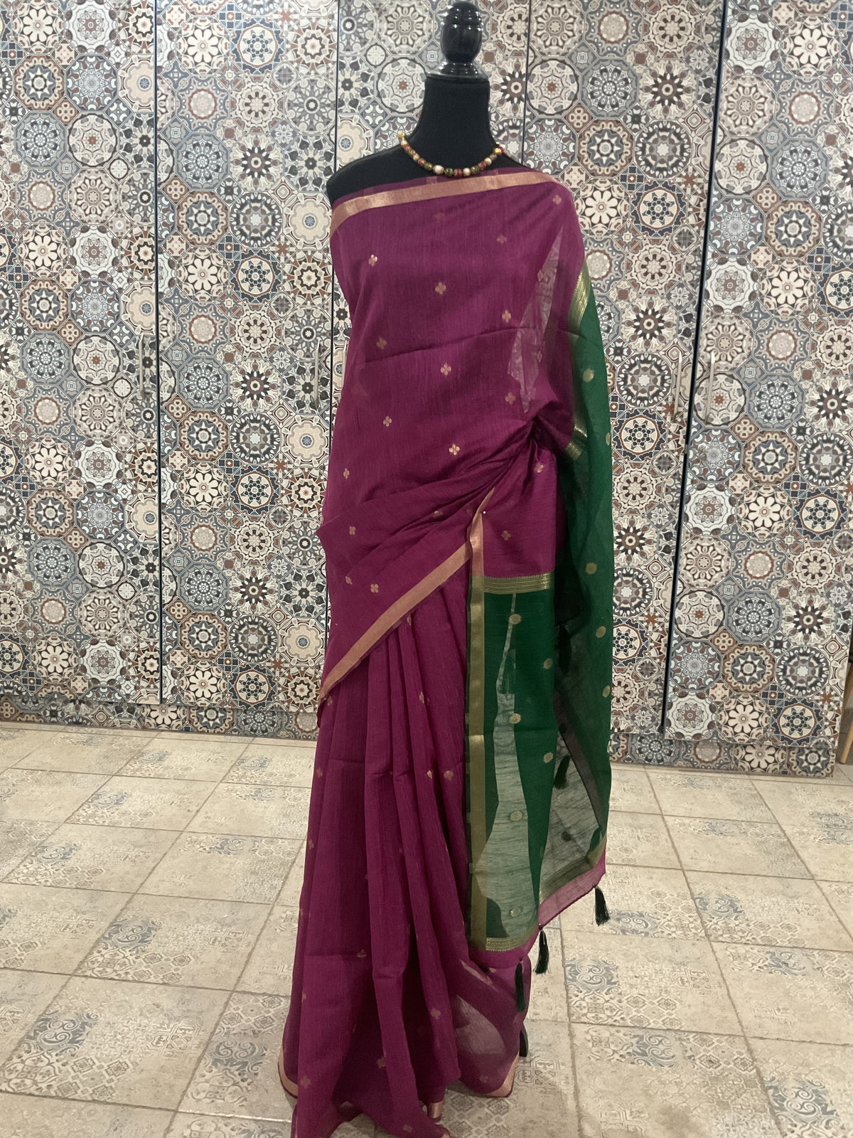 Maheshwari Cotton Saree – Magenta & Green