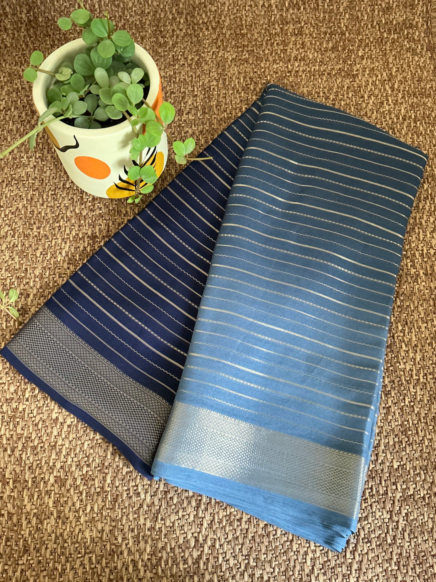 Blue with light grey Chiffon saree with border