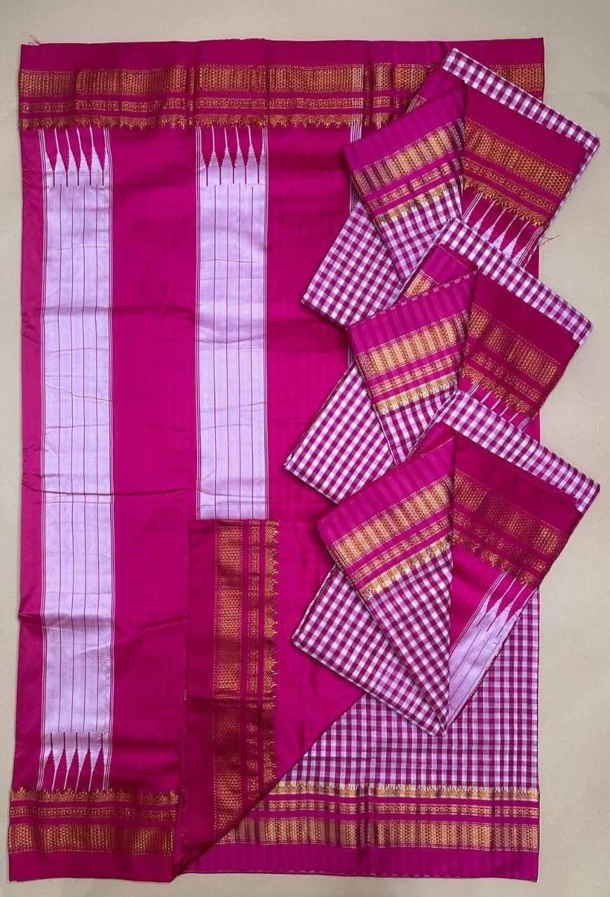 Tum Tum Checks Traditional Ilkal Saree – Pink with Silver Pallu