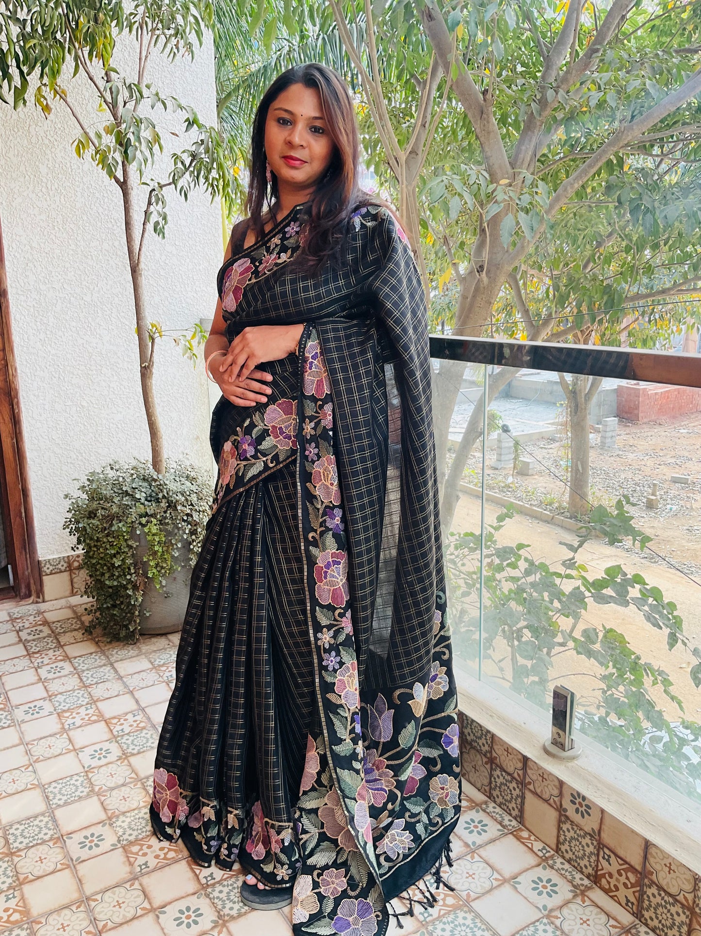 Fancy viscose saree-(Black Korean machine embroidery)