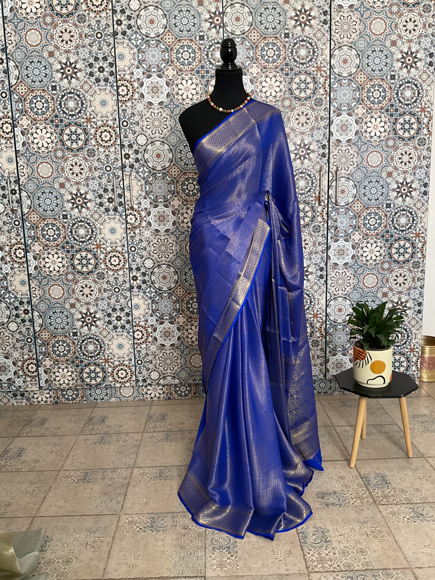 Royal blue crepe saree