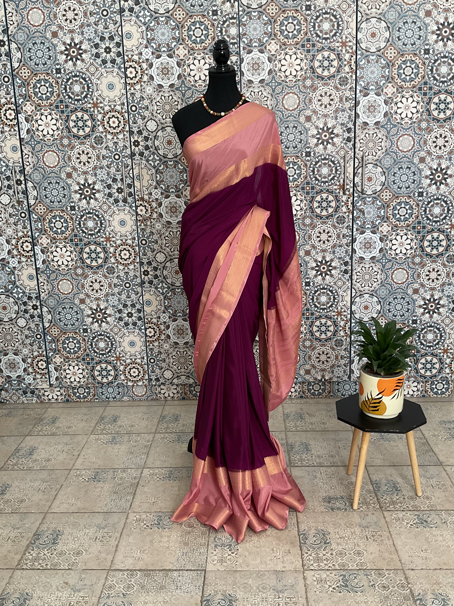 Semi-Mysore silk crepe saree 2D-(Purple with pink)