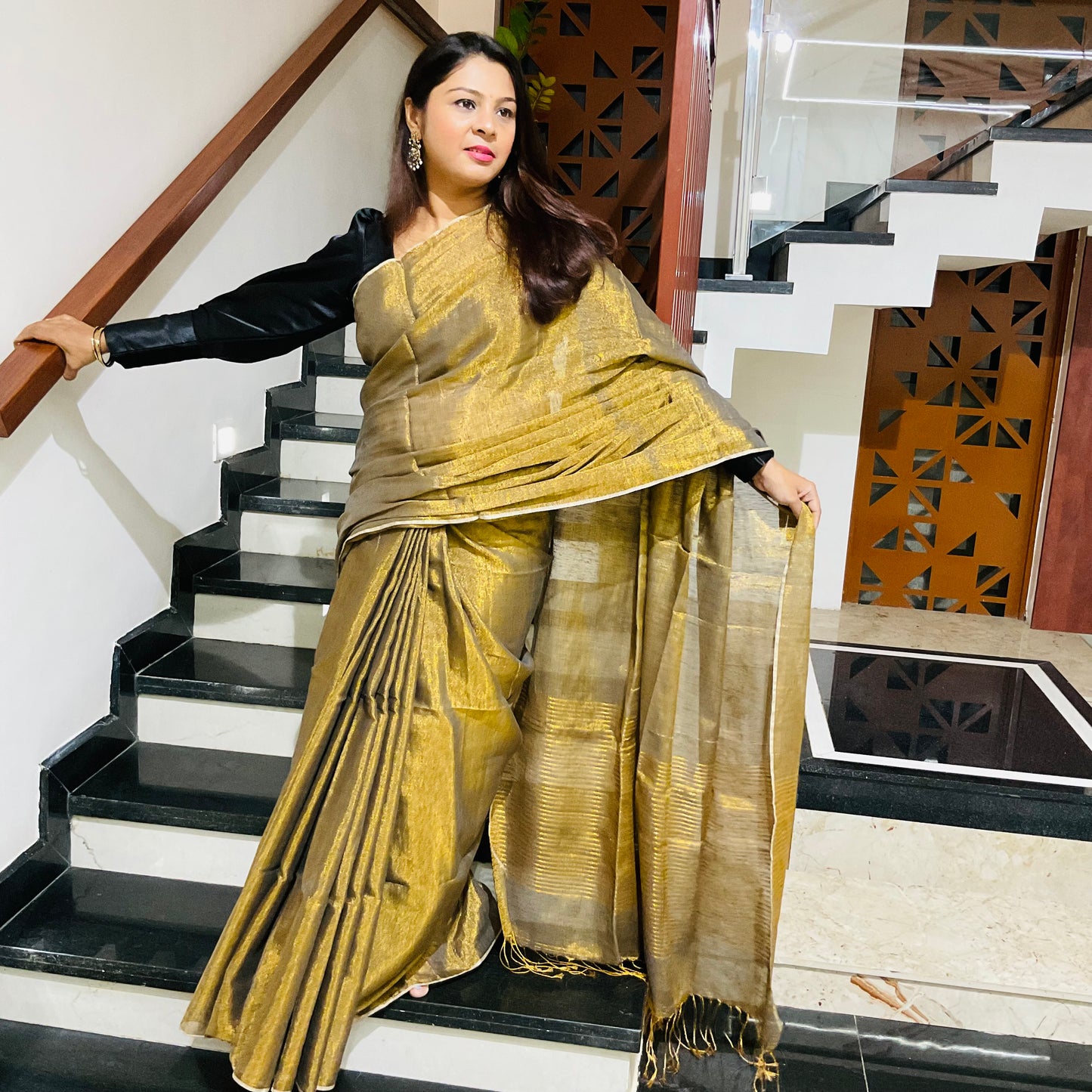 Linen tissue saree- copper gold colour