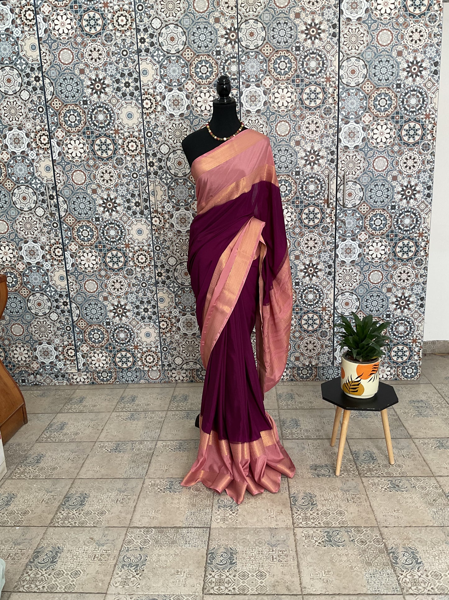 Semi-Mysore silk crepe saree(purple with pink)