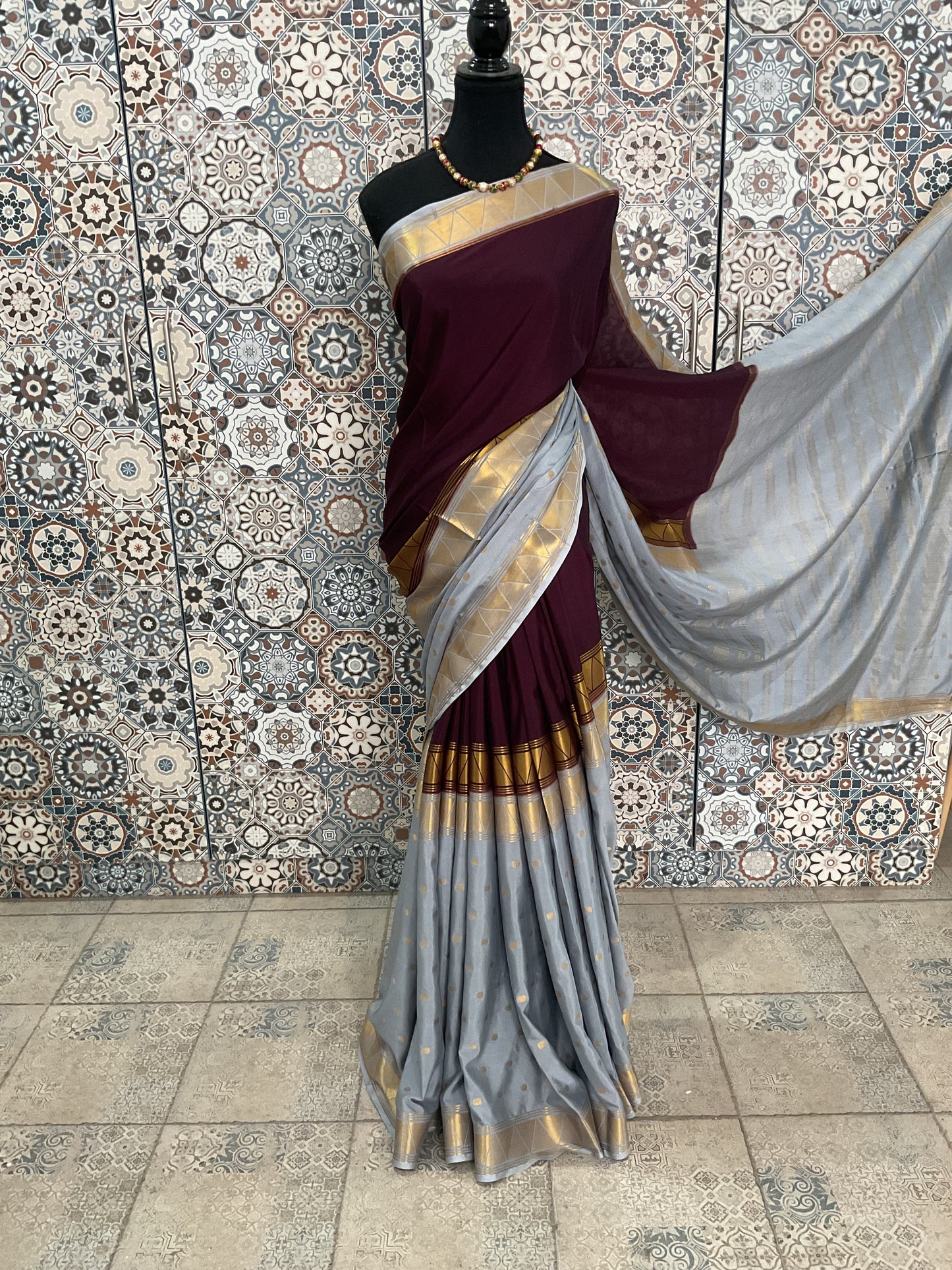 Semi Mysore silk saree(Deep wine with grey)