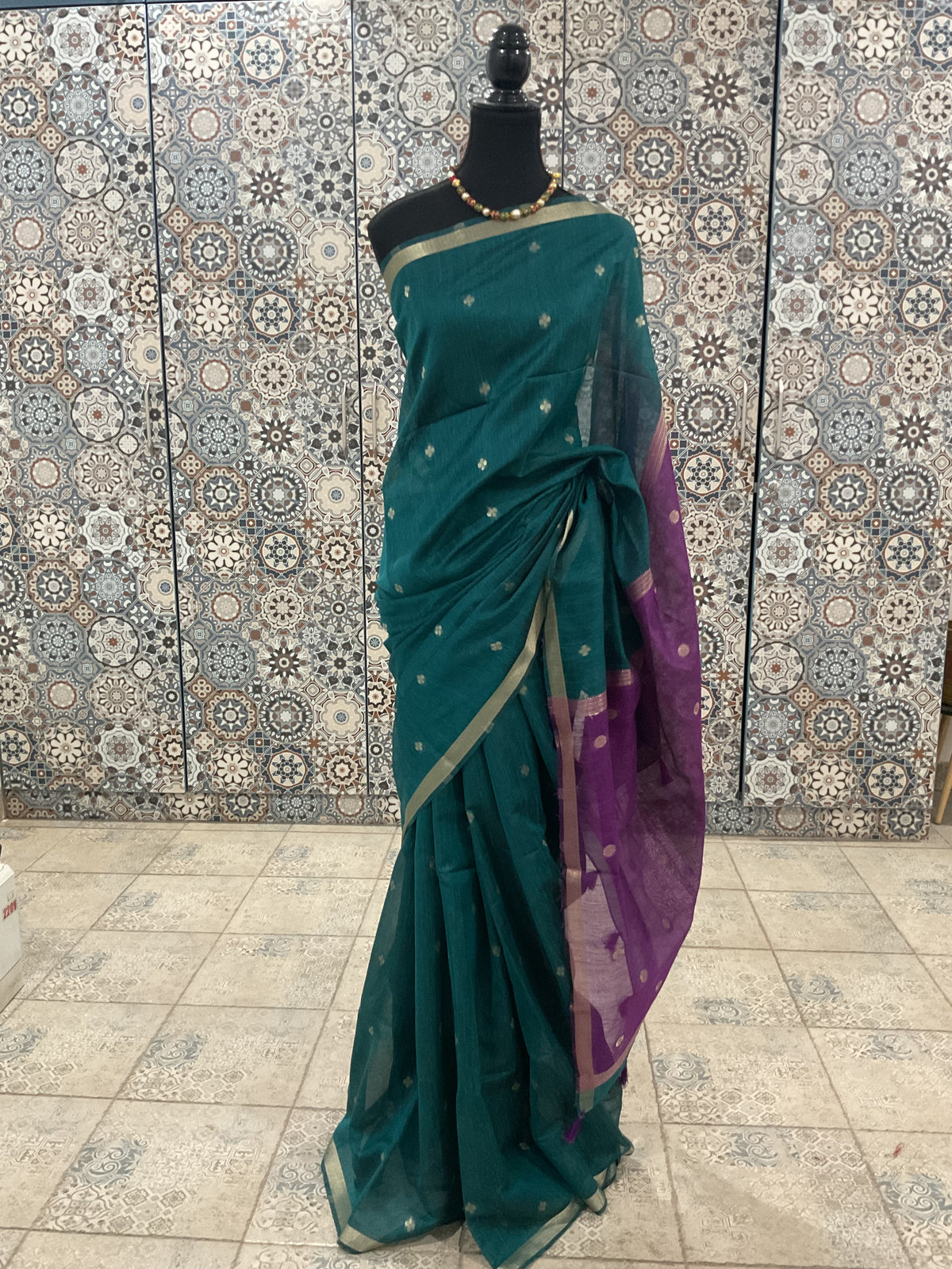 Maheshwari Cotton Saree-Teal Green & Plum Purple