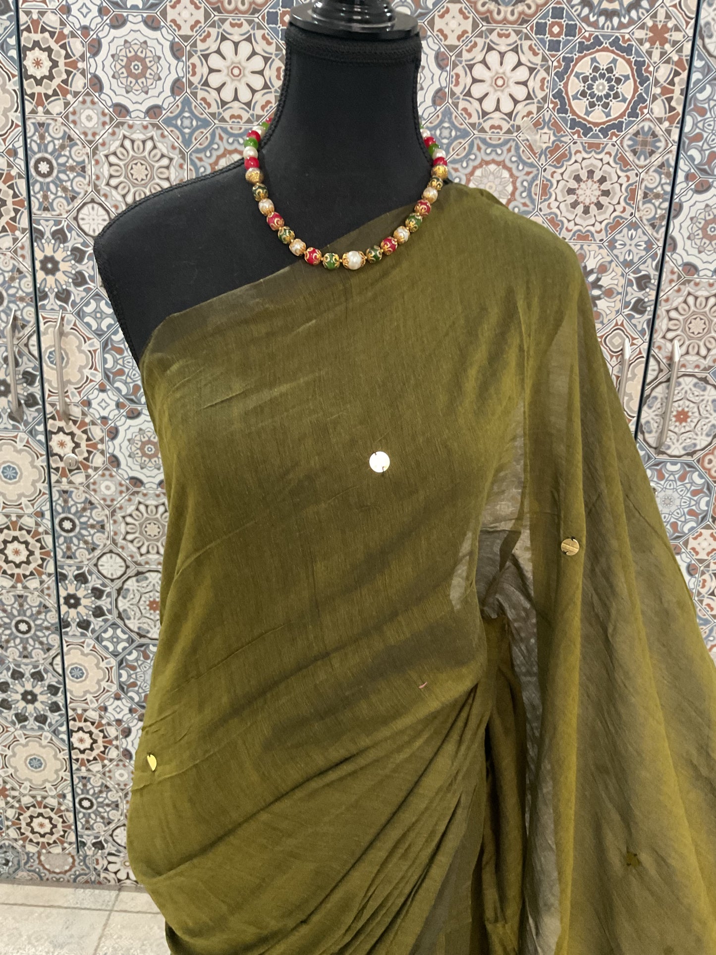 Gini Mul cotton saree (olive green)