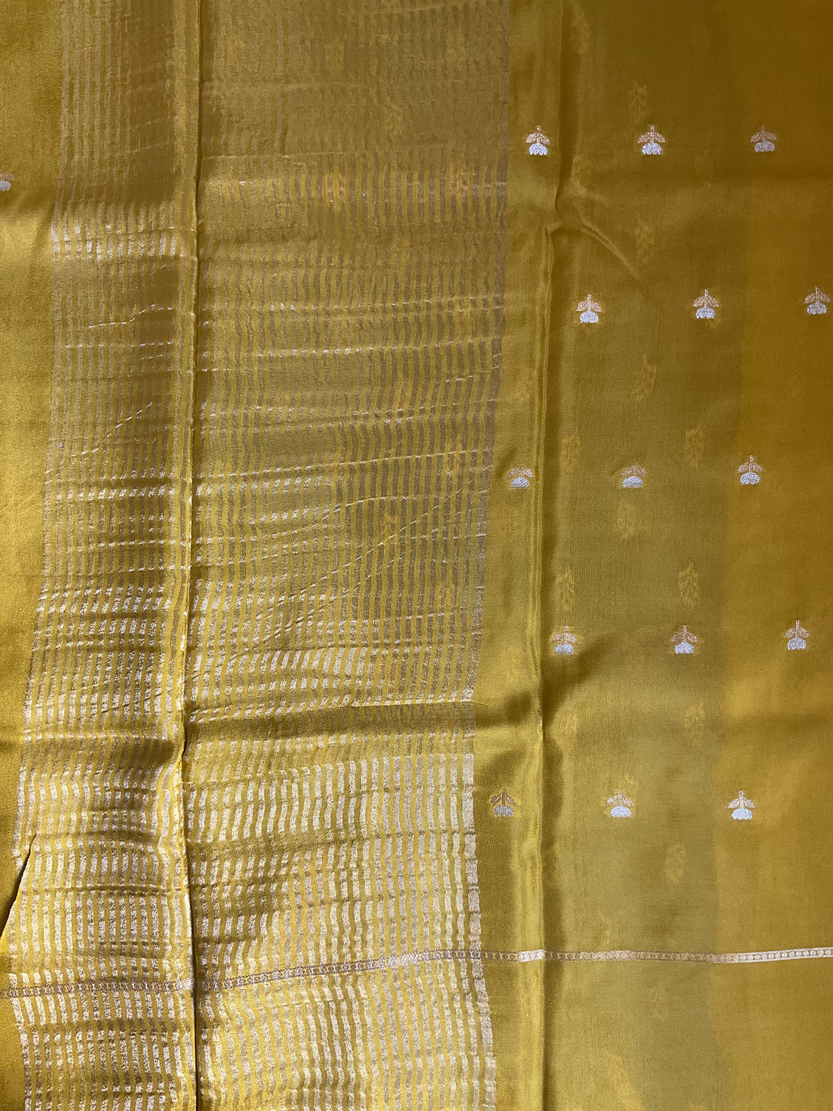 Viscose crepe saree- Mustard yellow & green with floral butta