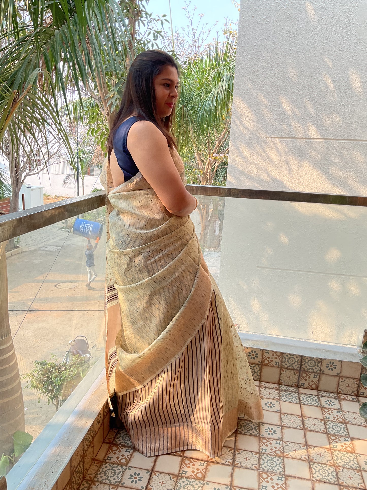 Cotton Linen saree(cream with blue)