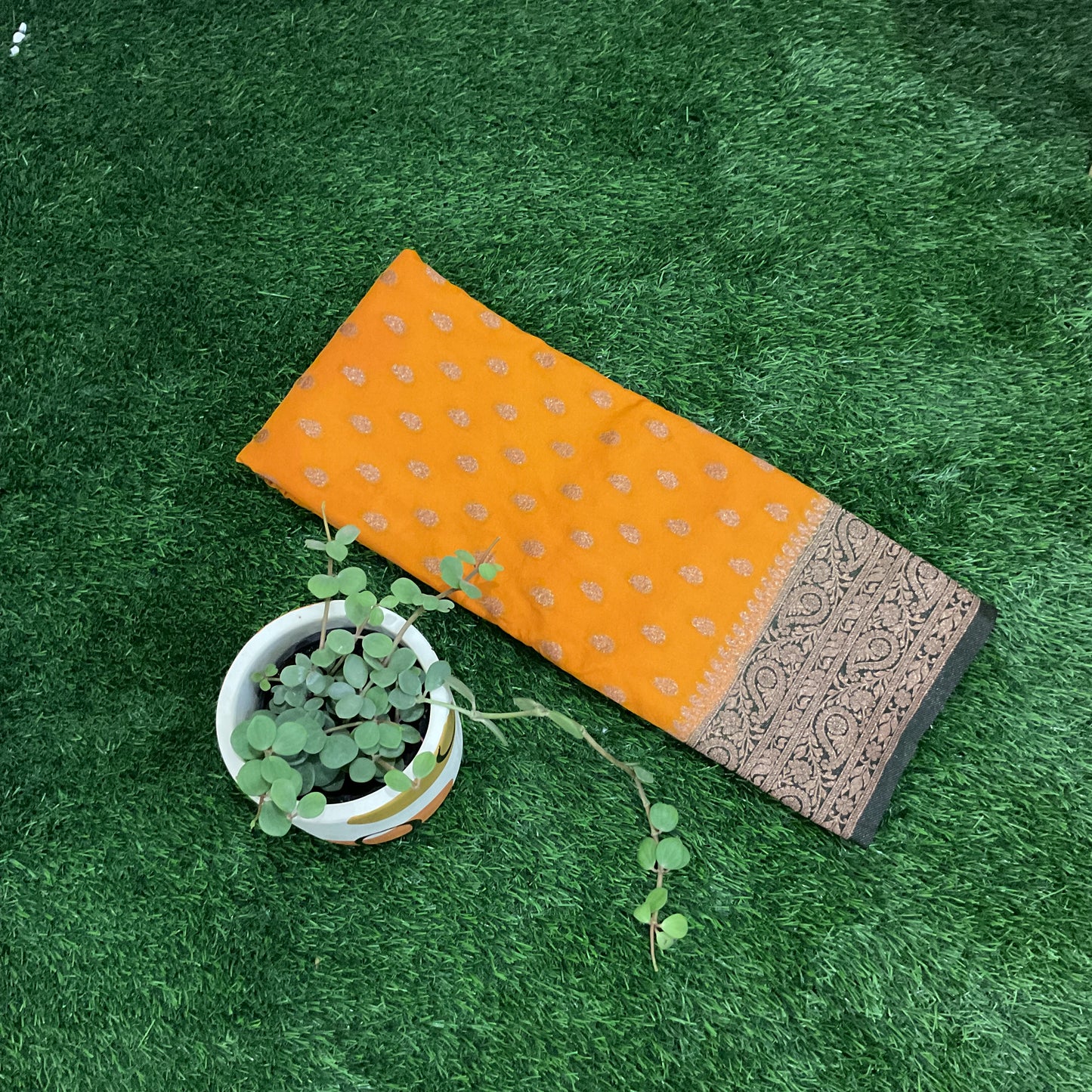 Dark yellow with green border Banarasi crepe georgette saree