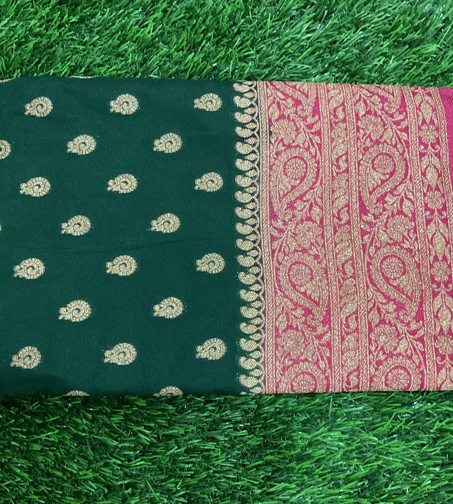 Dark green with pink mango border Banarasi crepe georgette saree