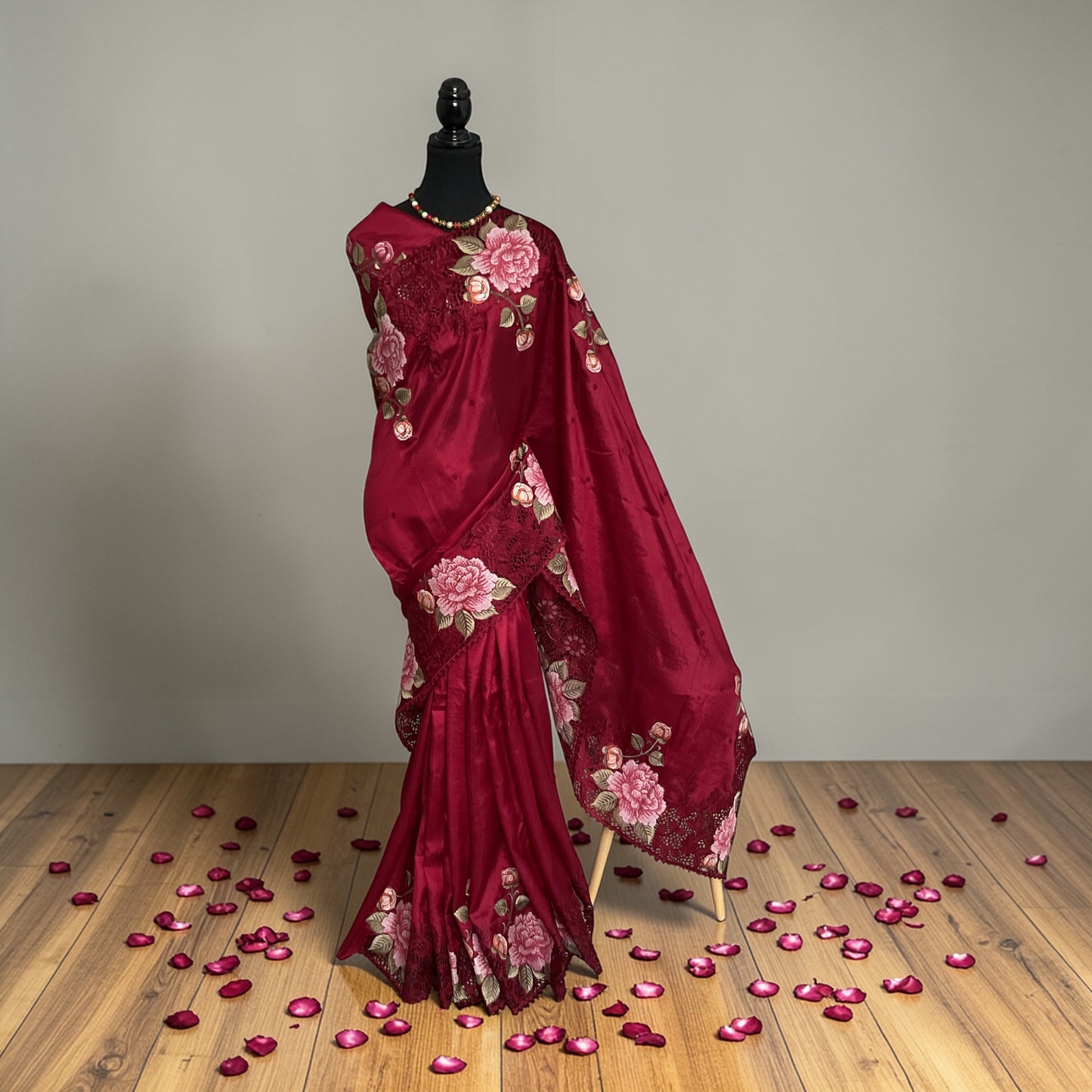 Pure Raw silk with Korean machine embroidery(Deep wine Red saree)