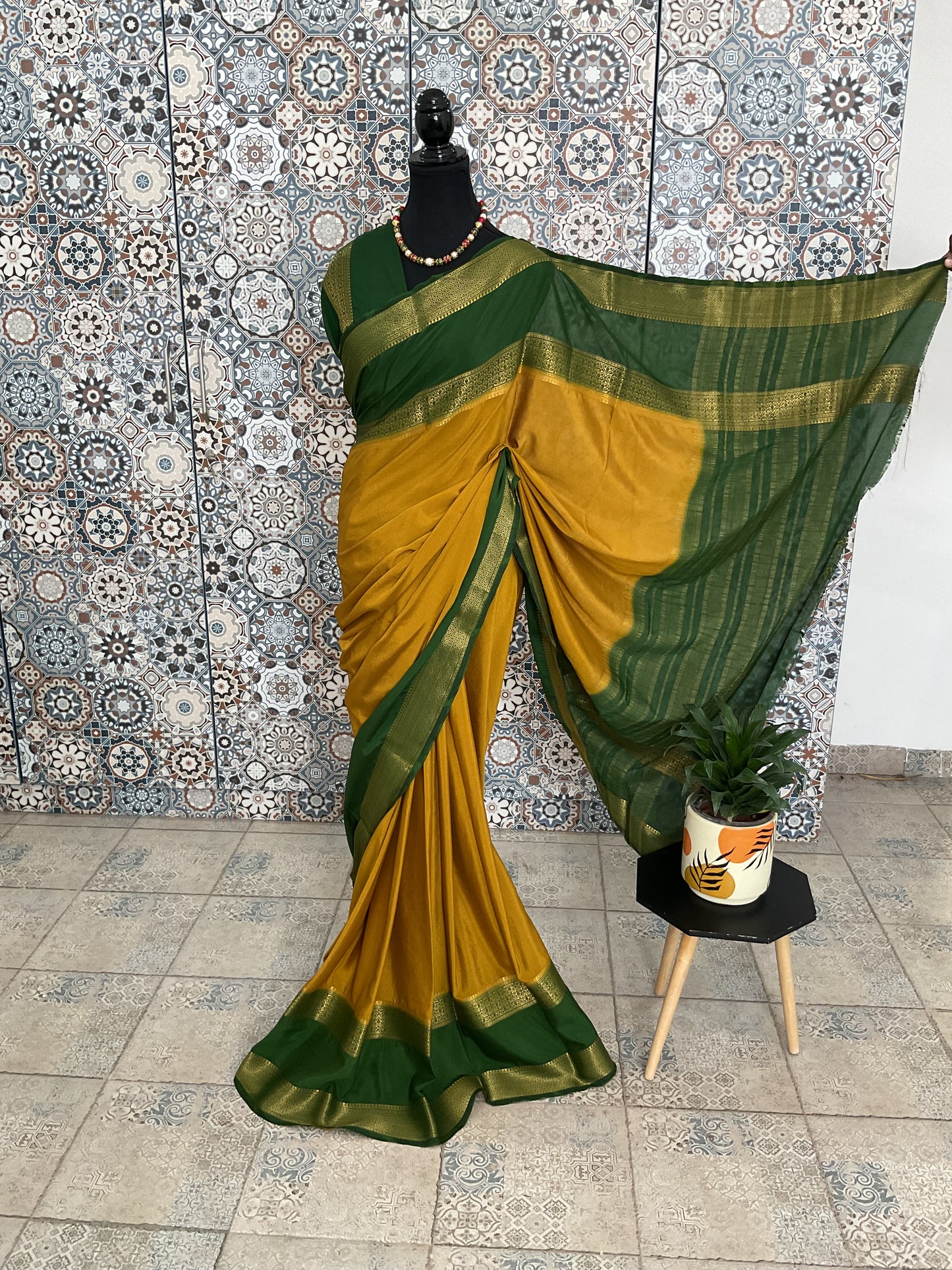 Semi Mysore silk crepe saree(yellow with green)