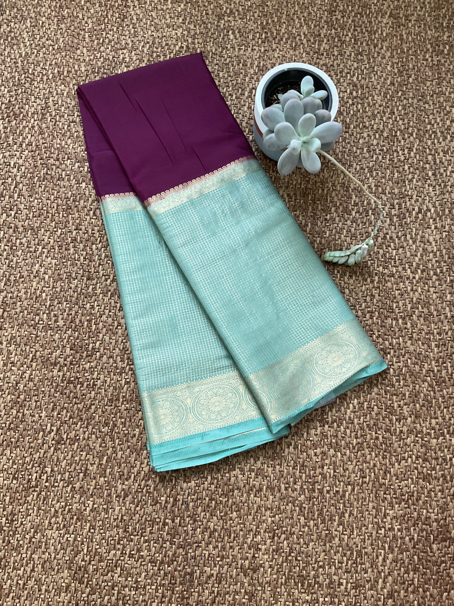 Semi Mysore silk saree(Deep wine with Pastel green)
