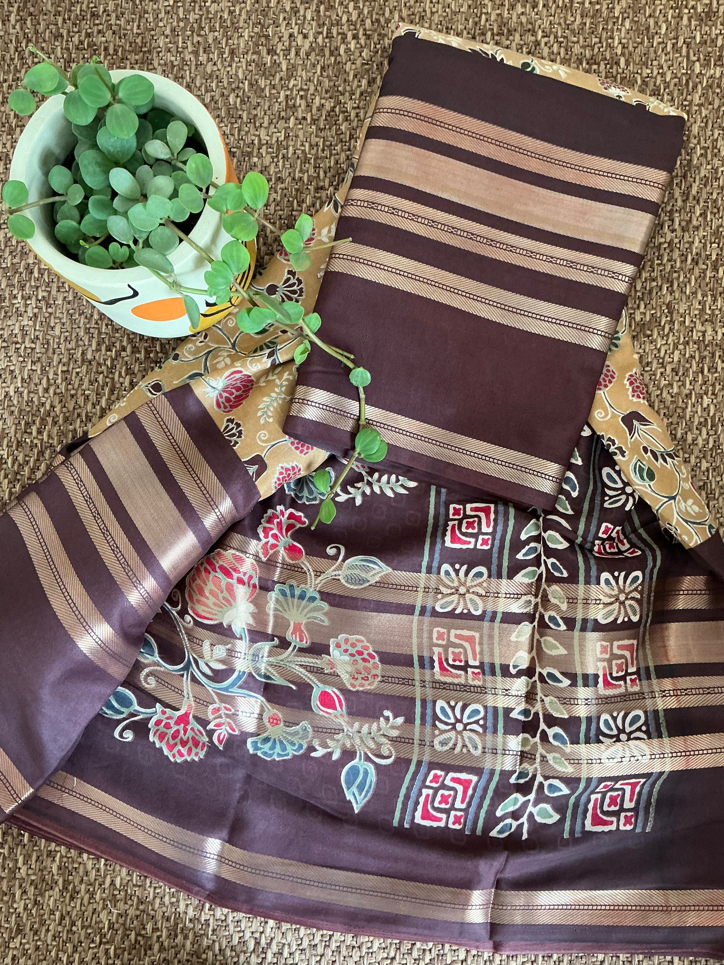 Cream with brown border Resham silk saree