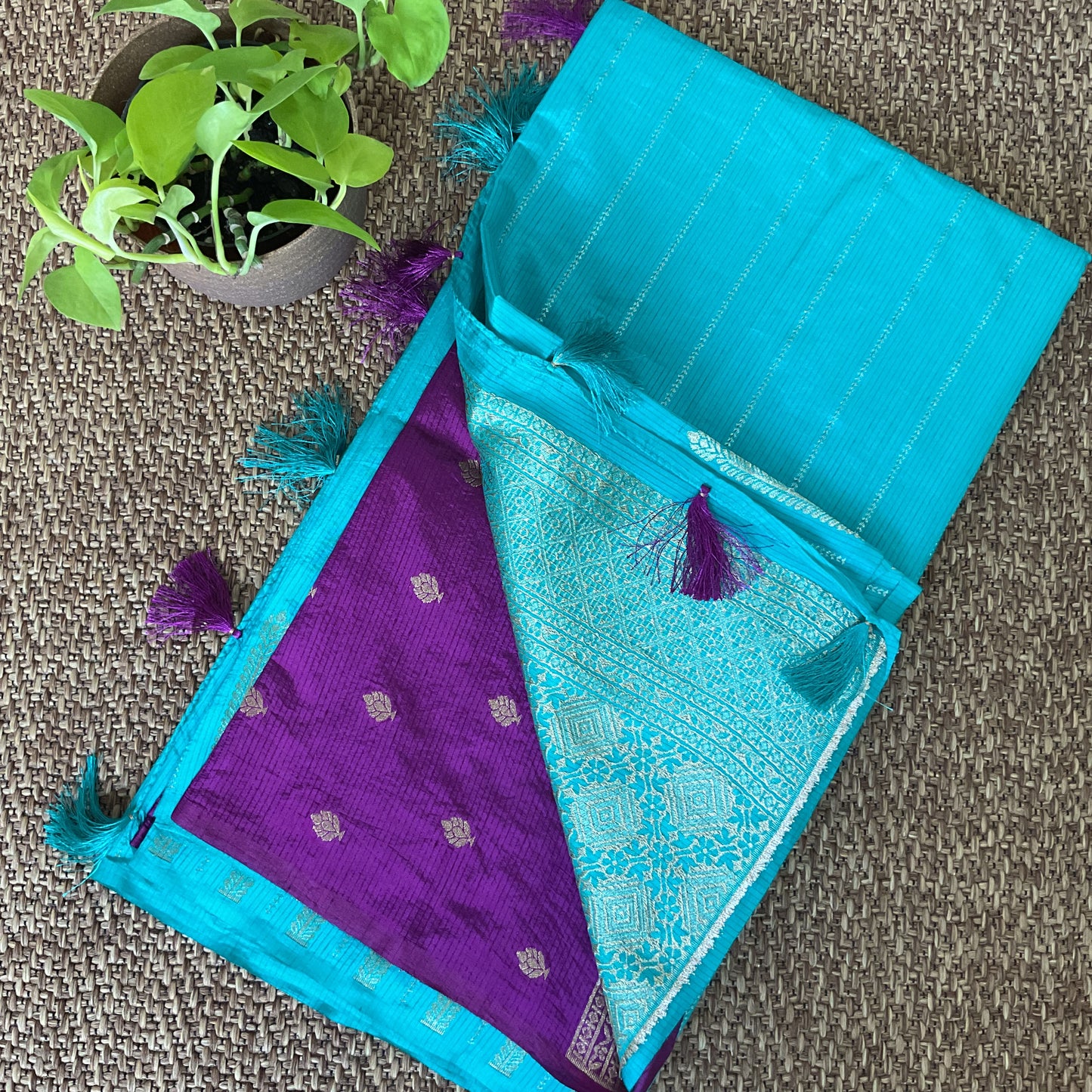 Tussar temple border saree-(Turquoise)