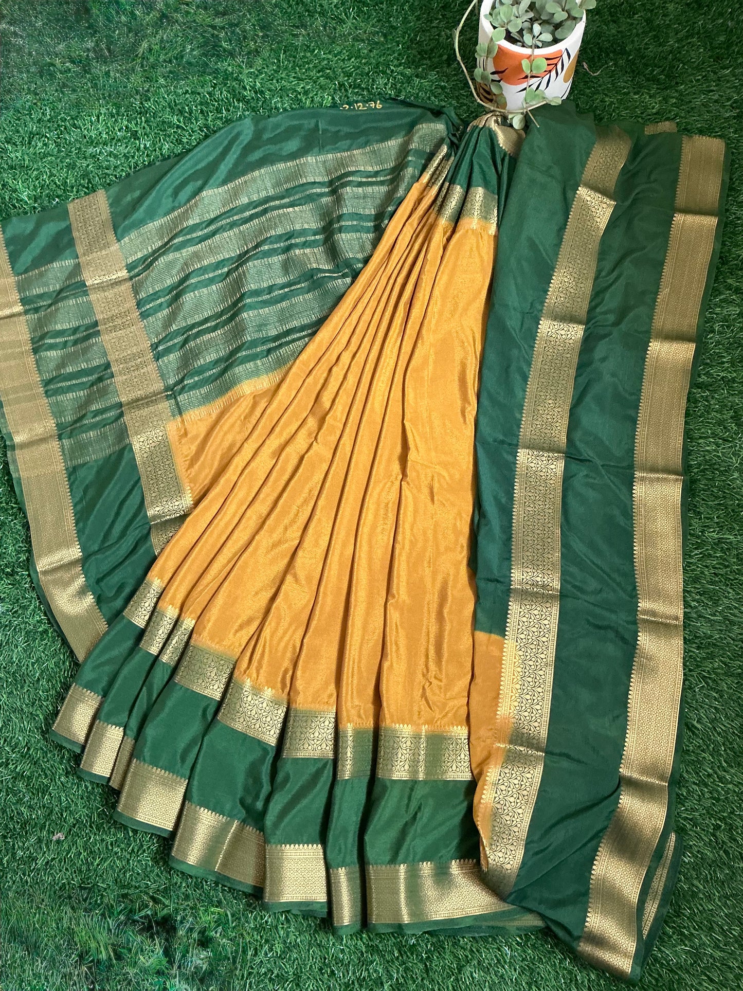 Semi Mysore silk crepe saree 2D(yellow with green)