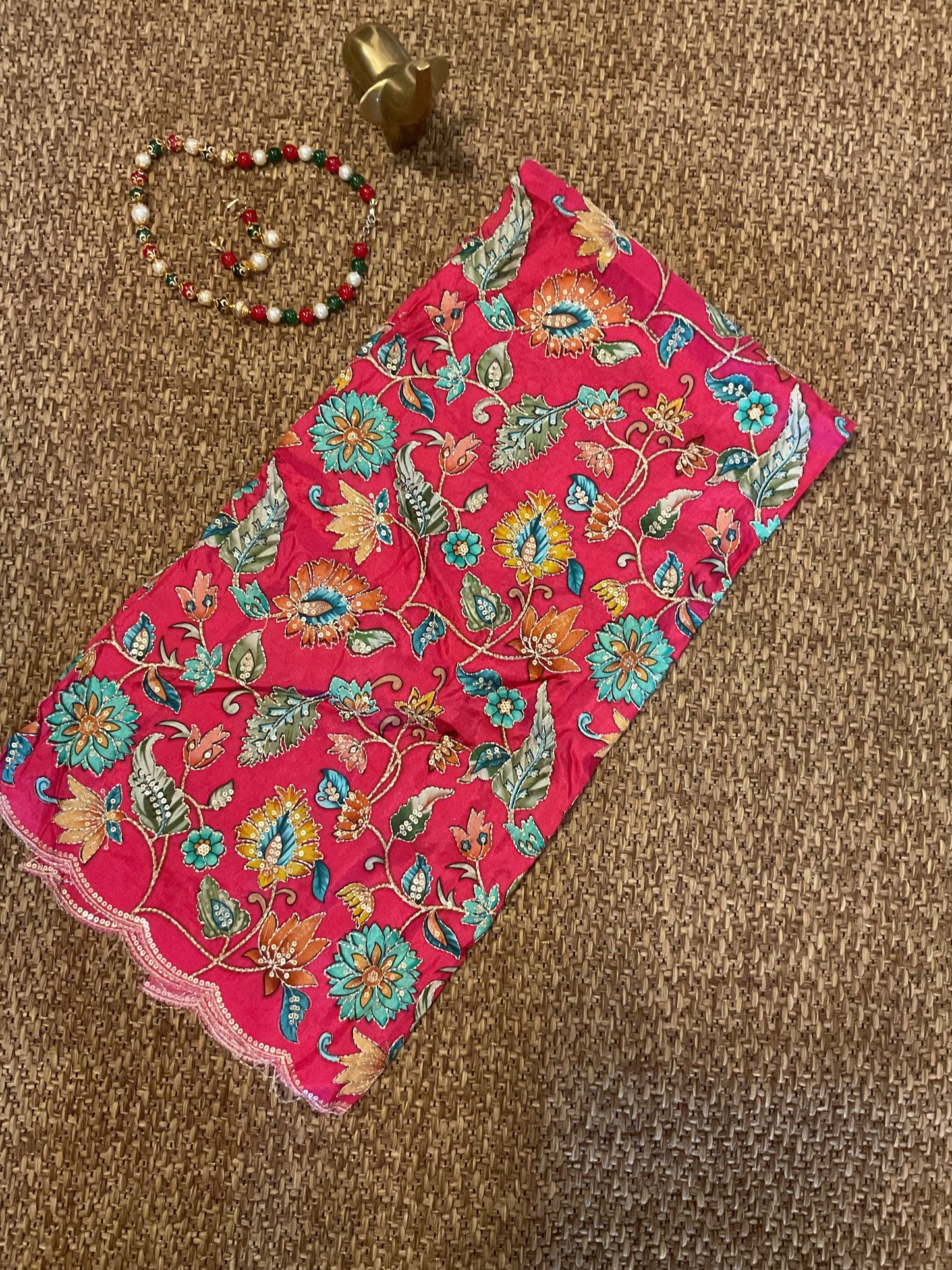 Pink crepe silk Kalamkari blouse fabric