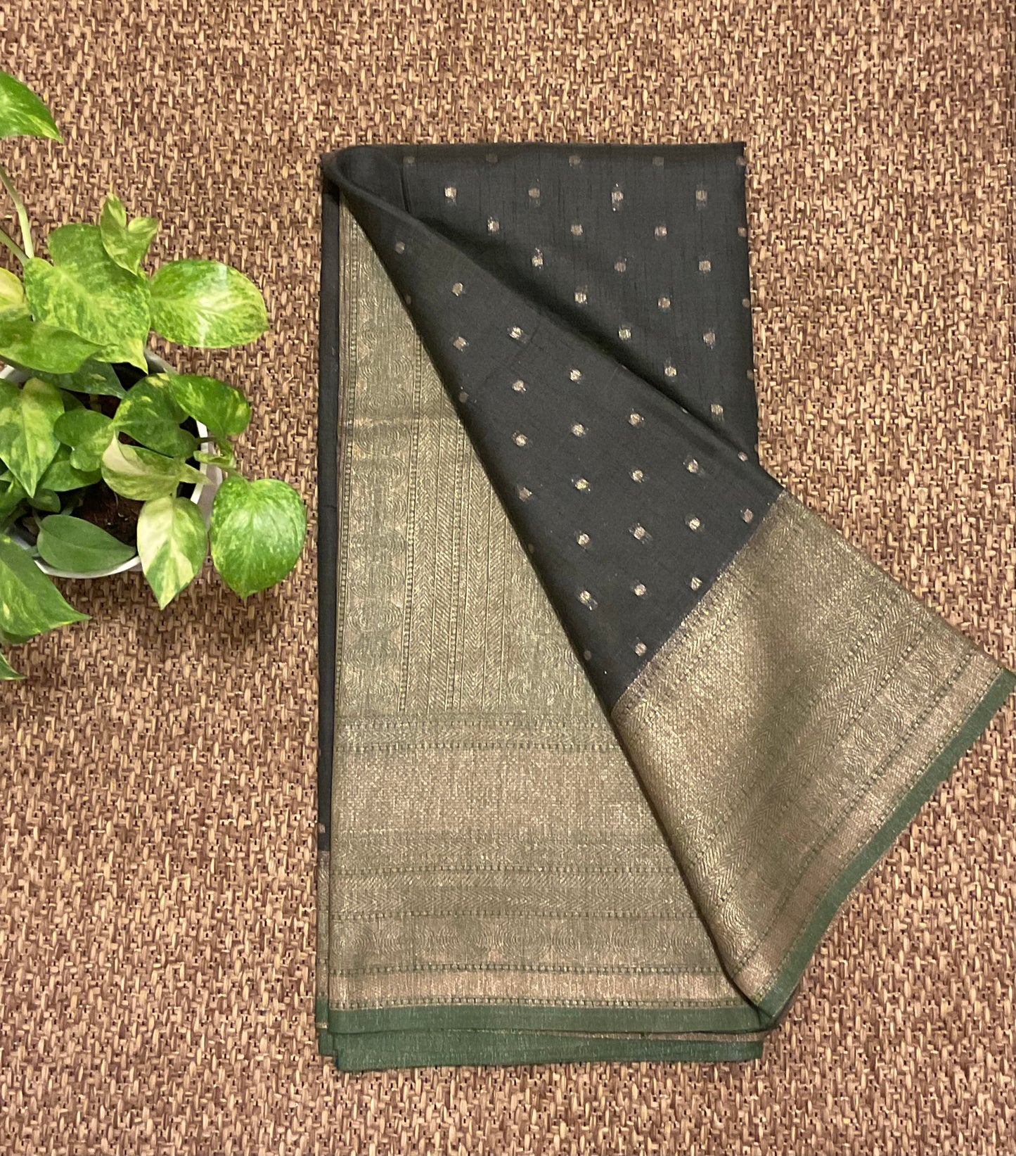 Tussar black with green border saree
