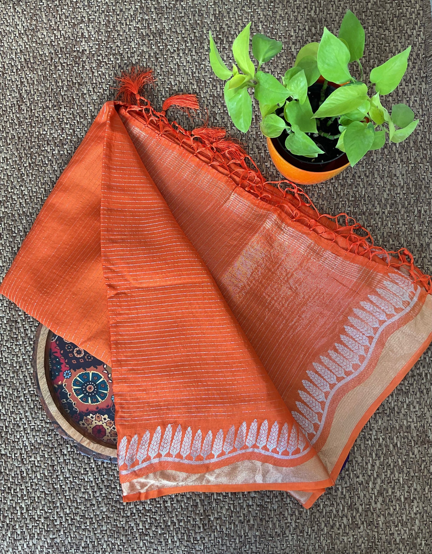 Orange Dola silk stripes saree