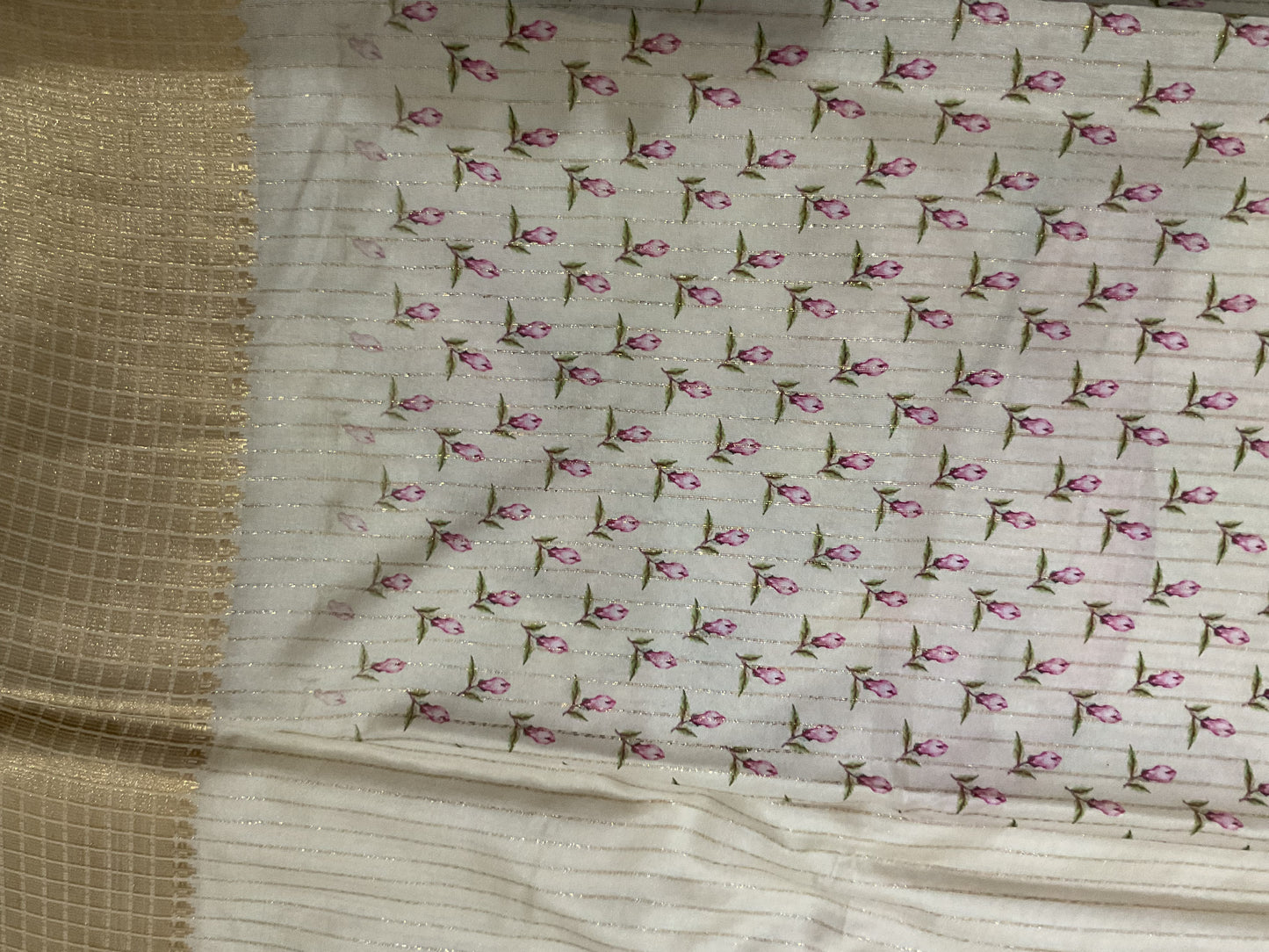 Antique half white floral dola silk saree