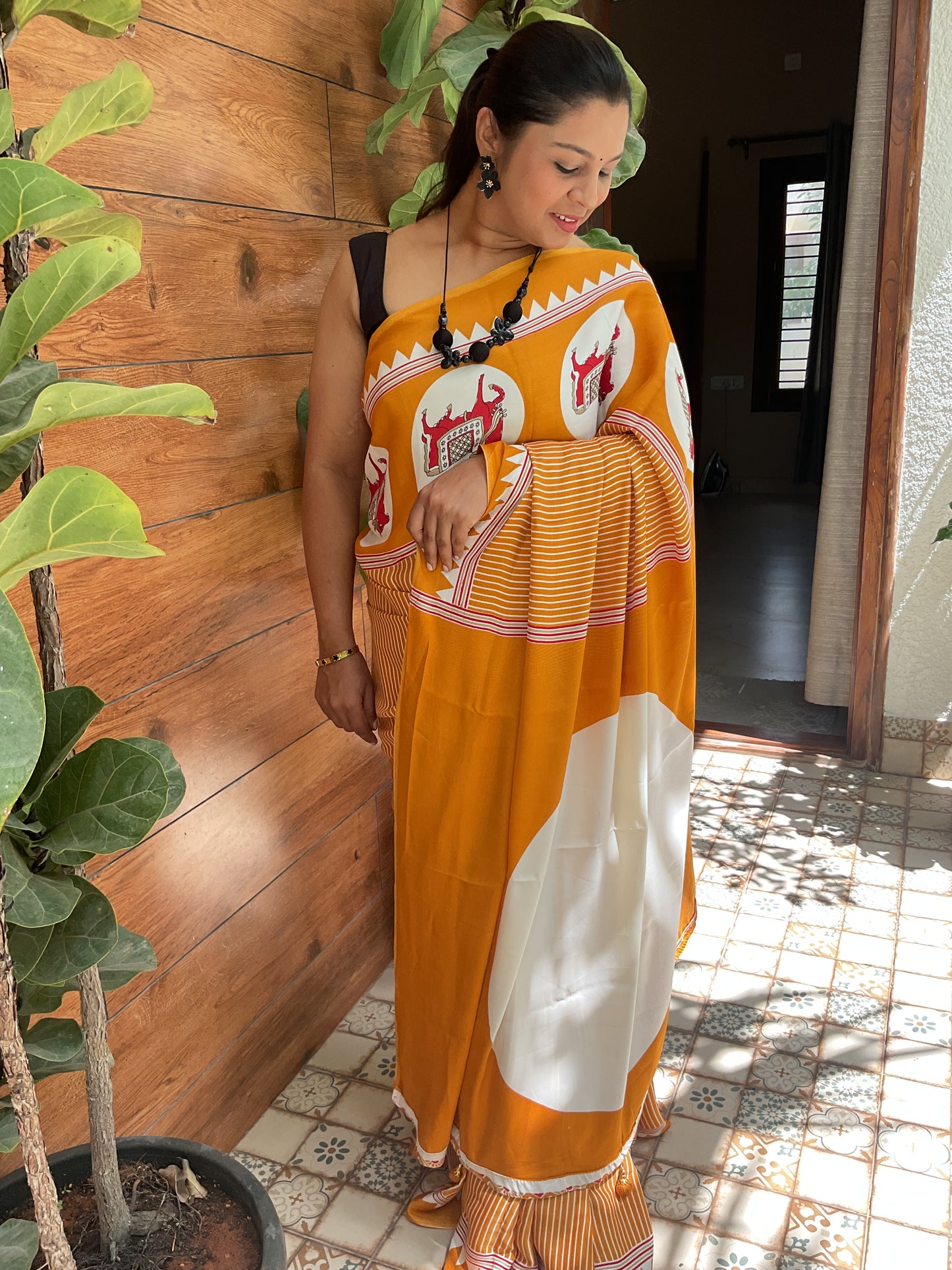 Mustard Yellow Ajrakh Dola Silk Saree