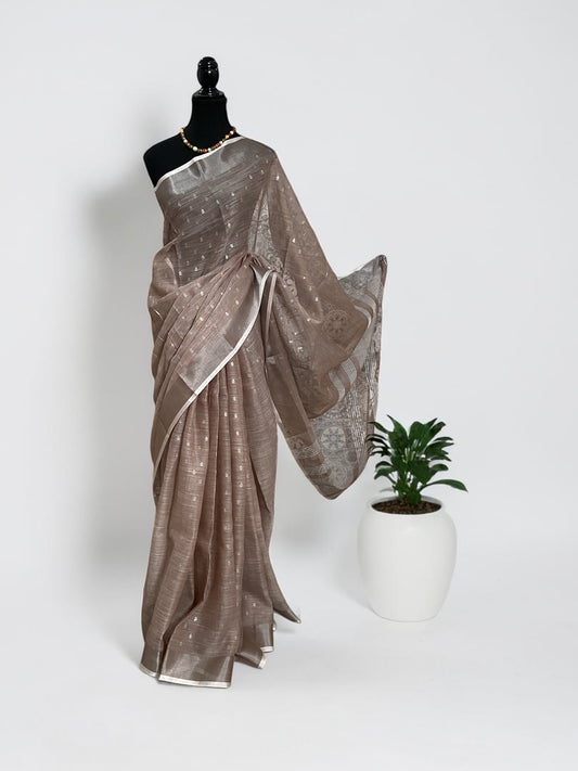 Linen cotton saree with silver motifs(Brown)