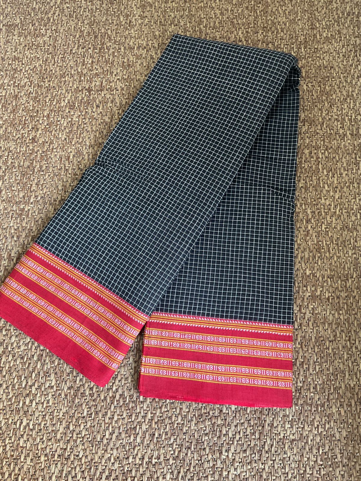 Pure Handloom pattedanchu Cotton Saree (Black checks with Traditional Red Border)