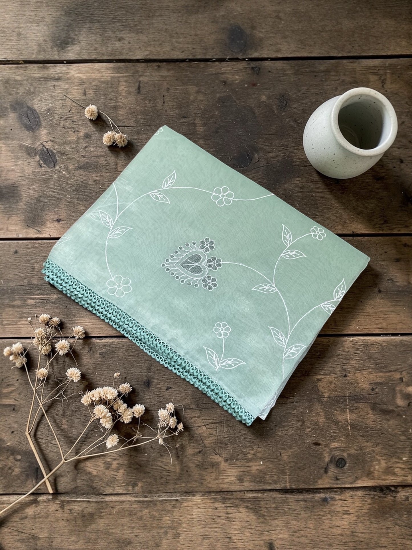 Fancy cotton Tissue saree with embroidery(Mint Green)