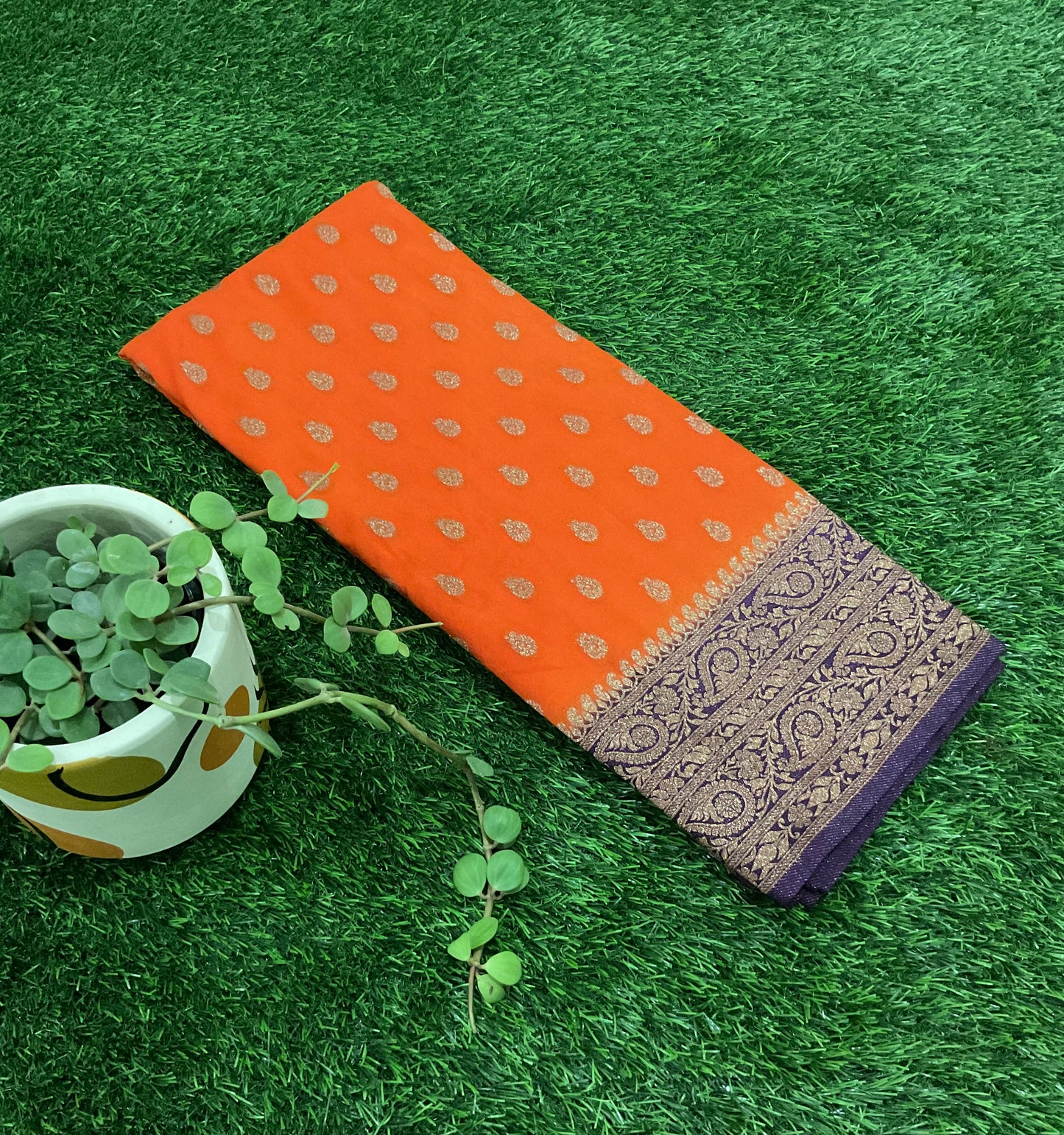 Dark orange with purple border Banarasi crepe georgette saree