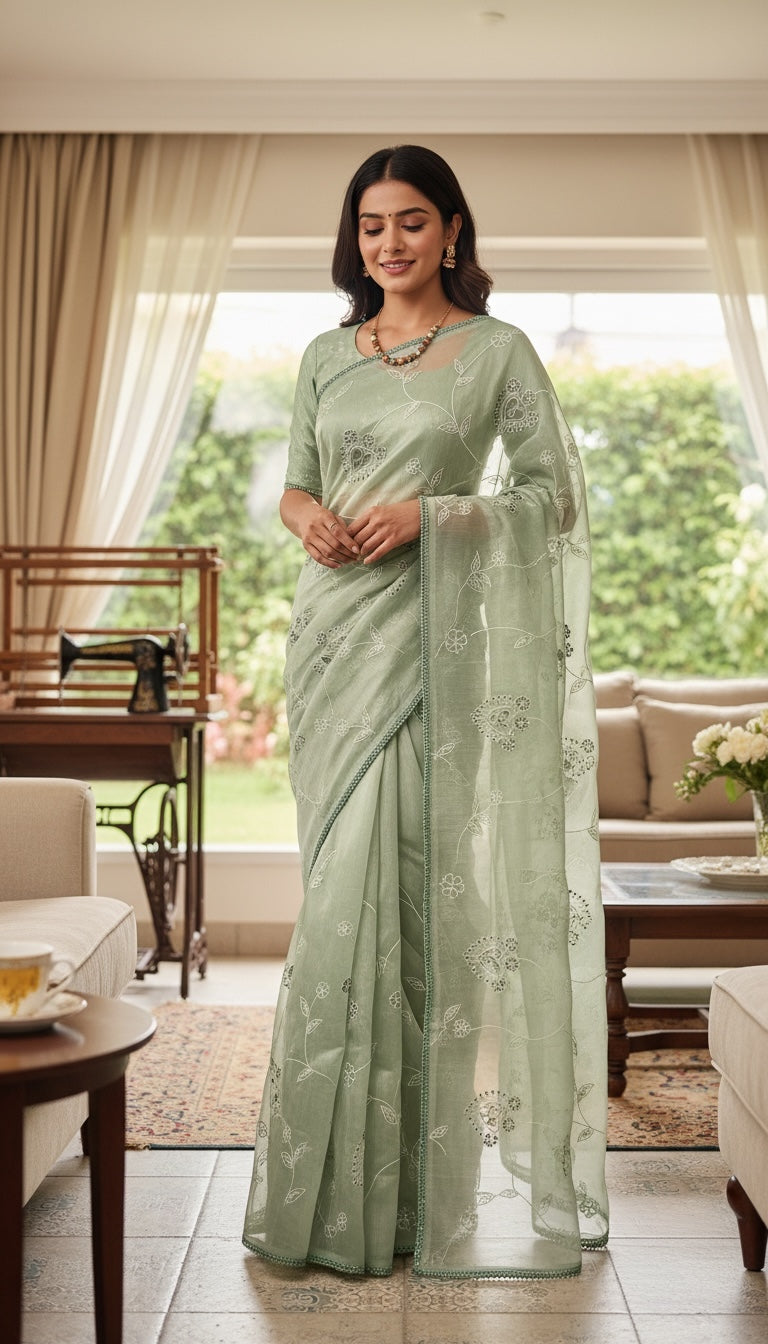Fancy cotton Tissue saree with embroidery(Mint Green)