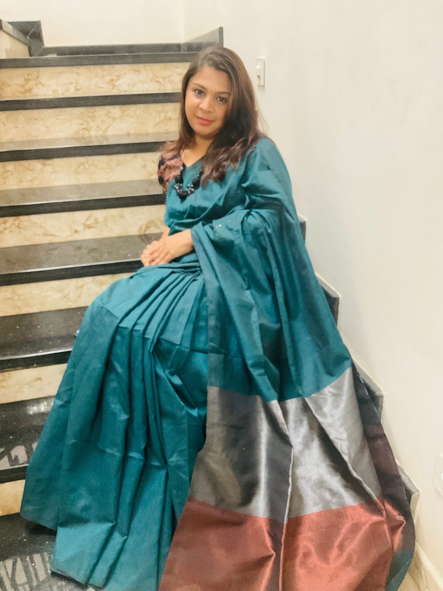 Handloom cotton saree(Teal green with contrast pallu)