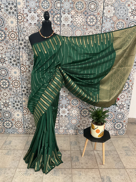 Tussar temple border saree-(Green)