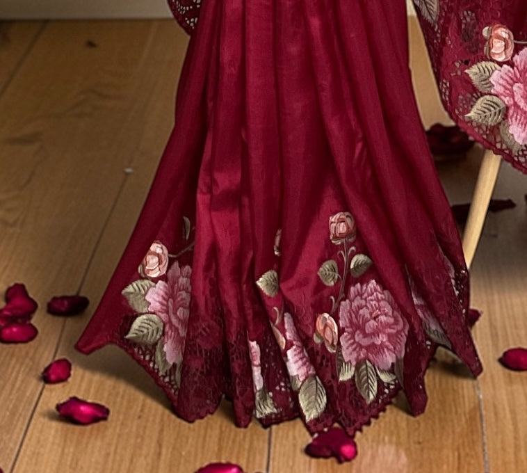 Pure Raw silk with Korean machine embroidery(Deep wine Red saree)