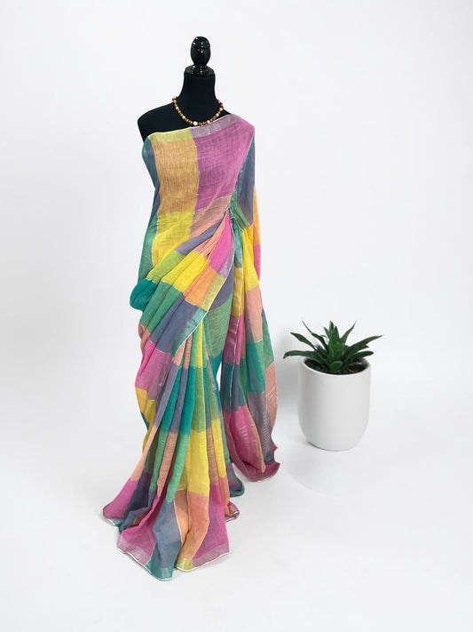 Handloom Linen saree(yellow n pink )