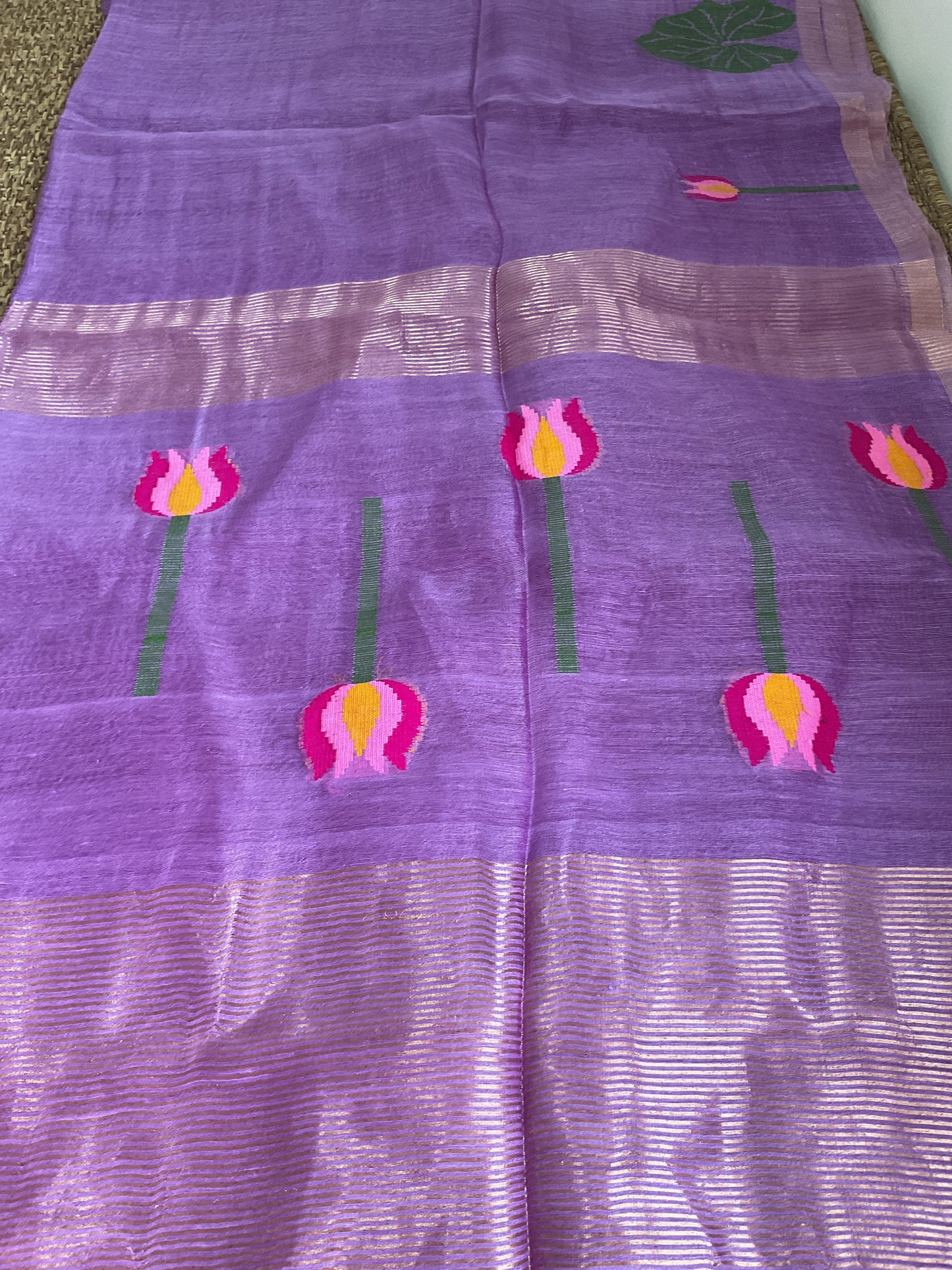 Pure jamdani muslin linen silk saree (Purple)