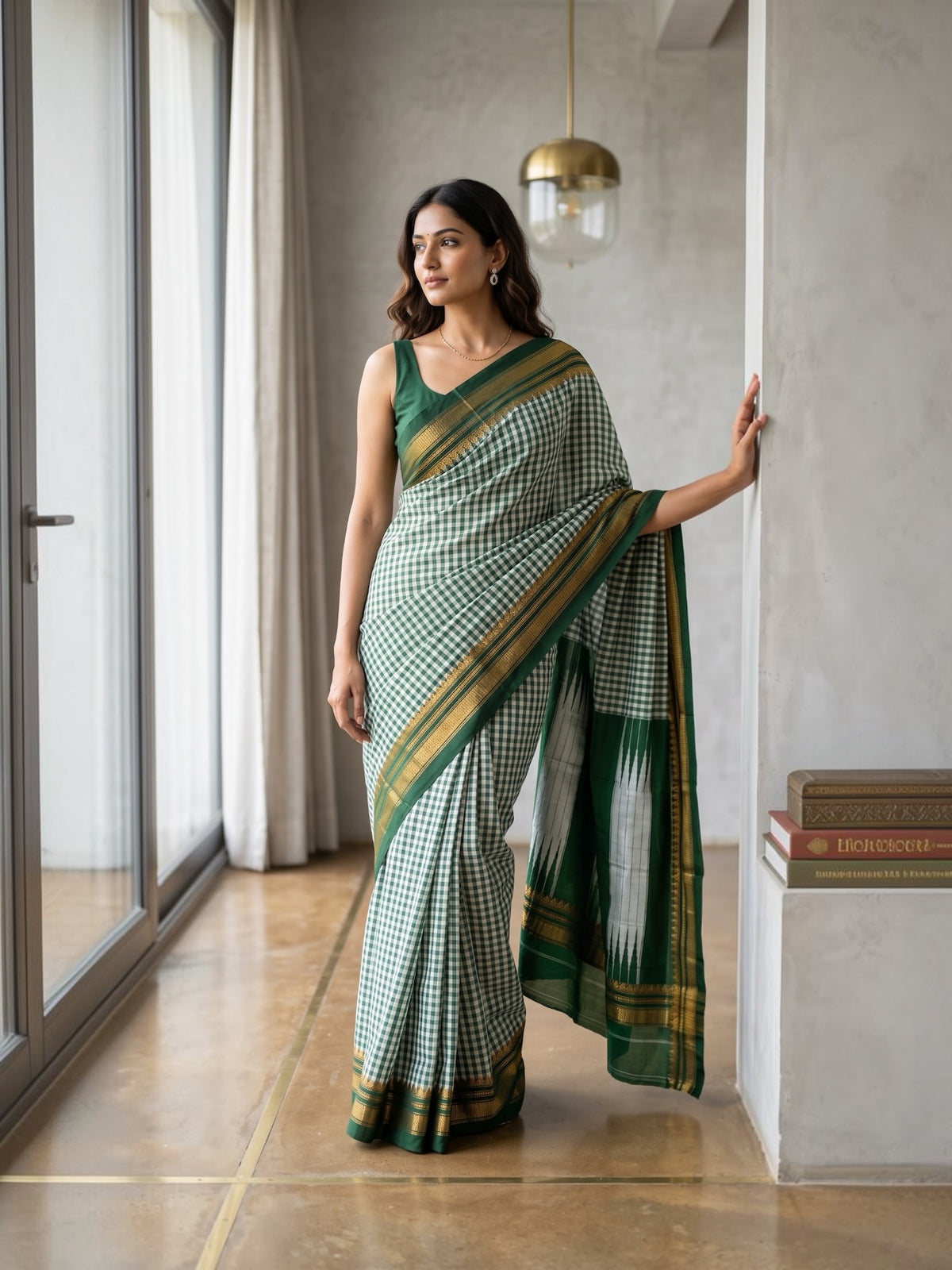 Tum Tum Checks Traditional Ilkal Saree – Green & White with Silver Pallu