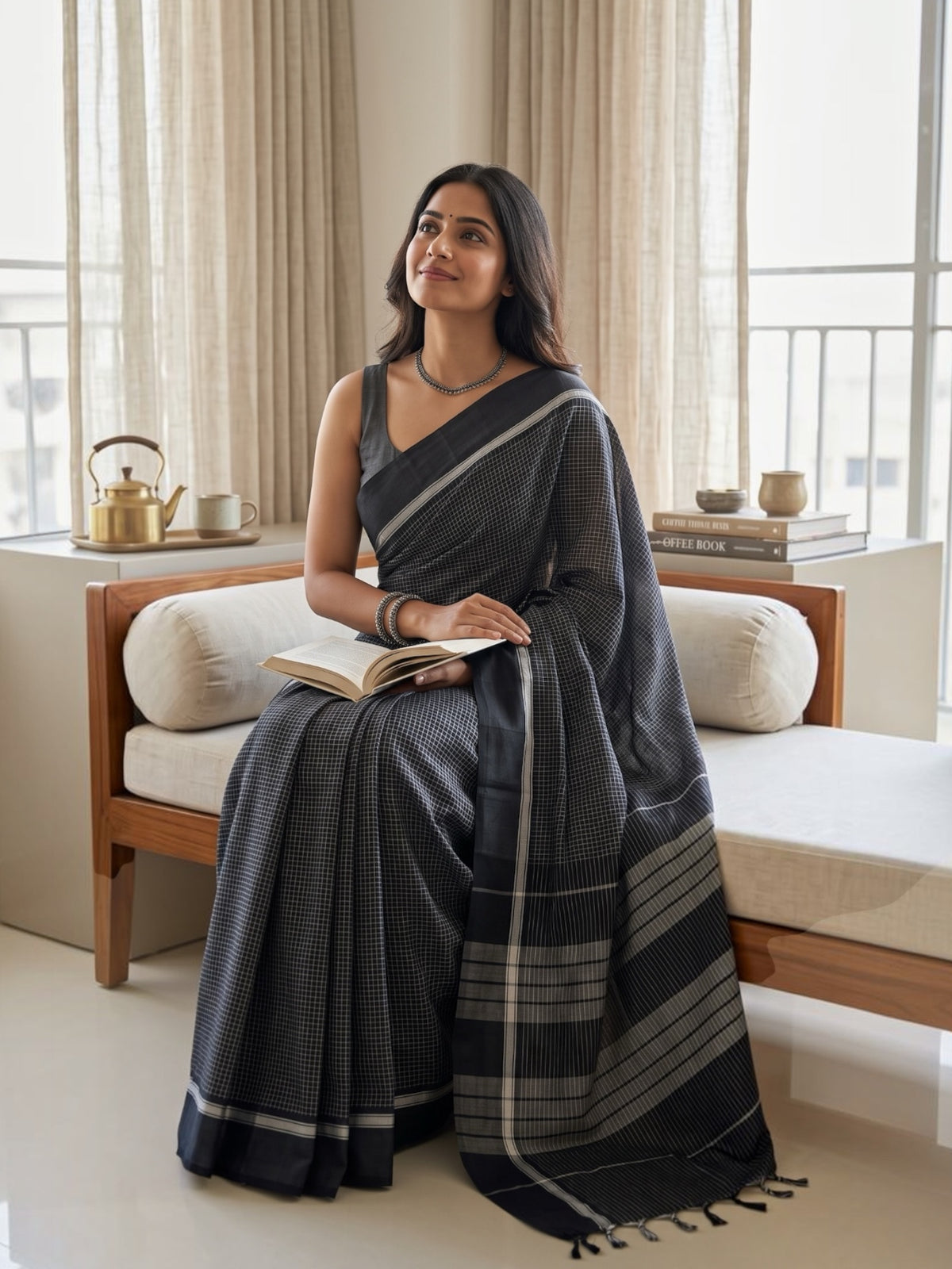 Black Checks Pattedanchu Cotton Saree