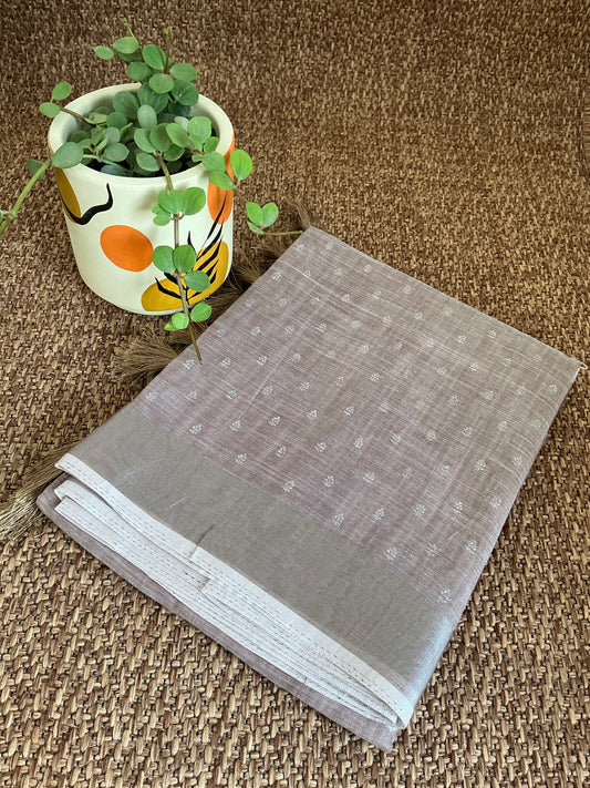 Brown linen cotton saree with silver motifs