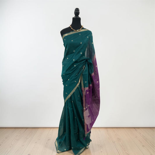 Maheshwari Cotton Saree-Teal Green & Plum Purple