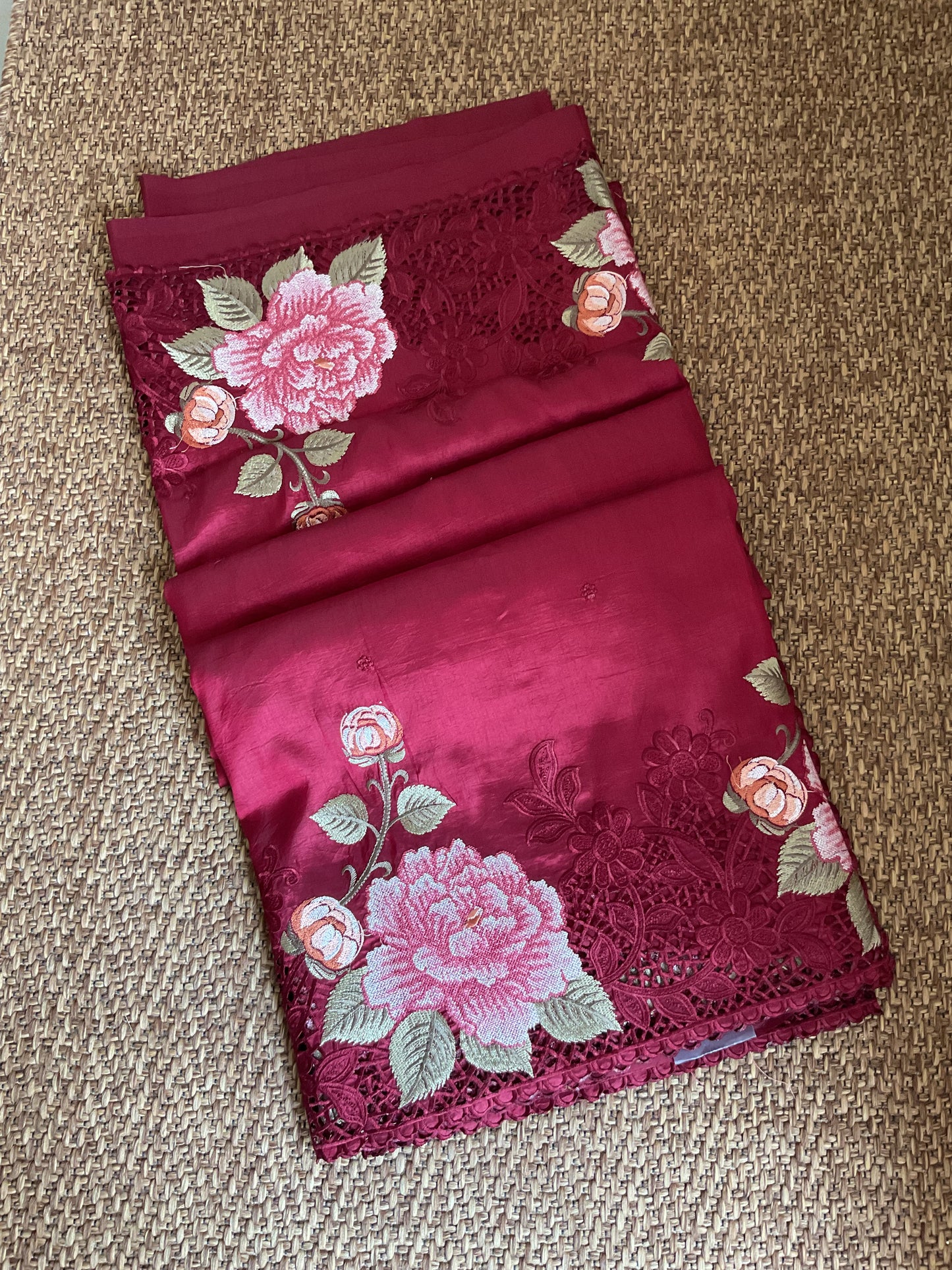 Pure Raw silk with Korean machine embroidery(Deep wine Red saree)