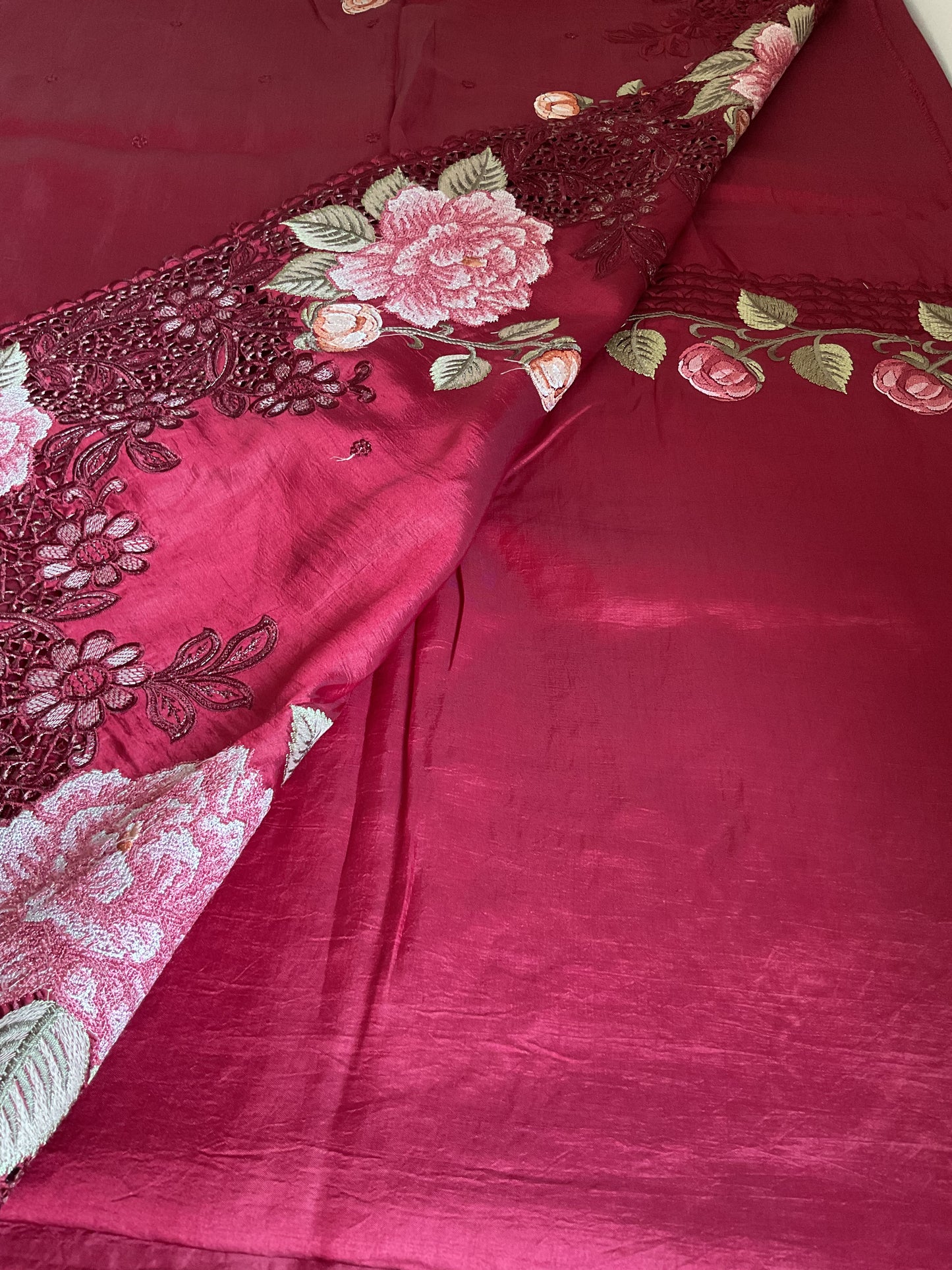 Pure Raw silk with Korean machine embroidery(Deep wine Red saree)
