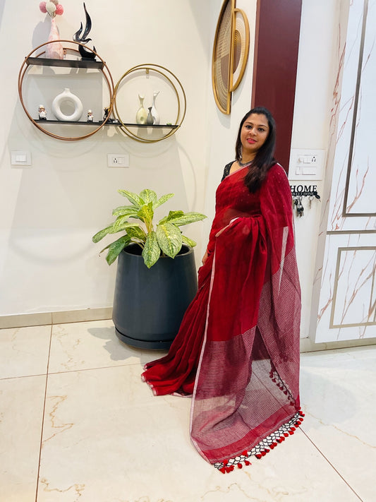 Handloom Linen saree(maroon)