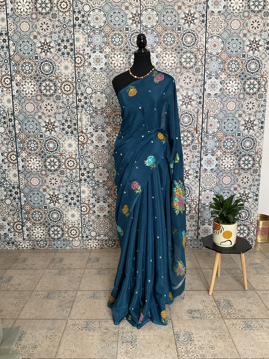 Chinnon crepe saree(blue)