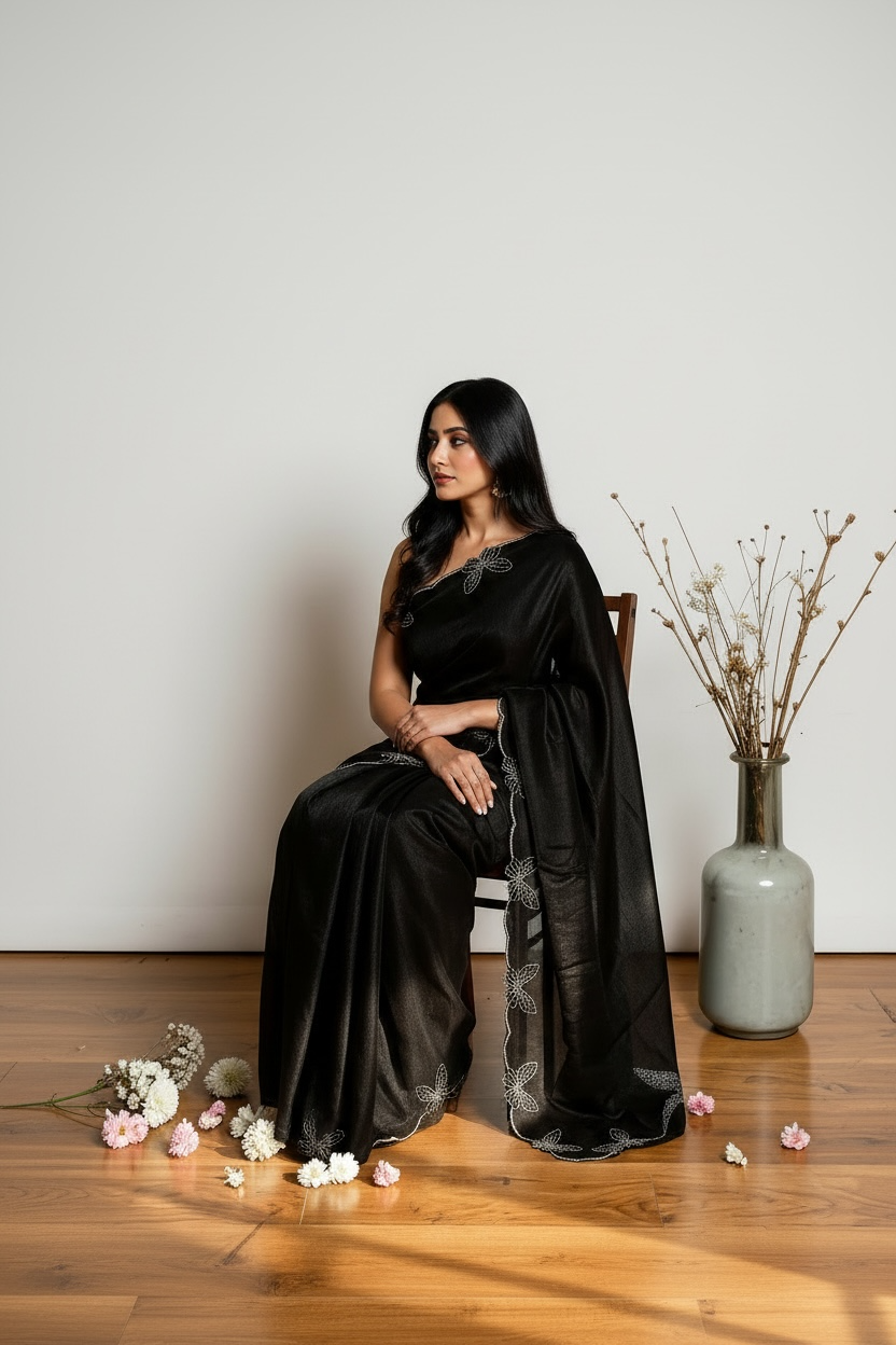 Space silk Butterfly Fancy saree-Black