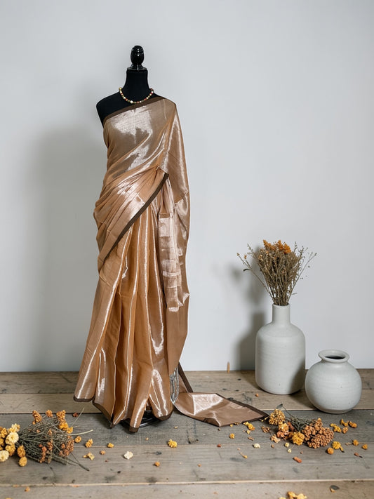 Khadi Tissue saree(champagne with coffee brown brown border)