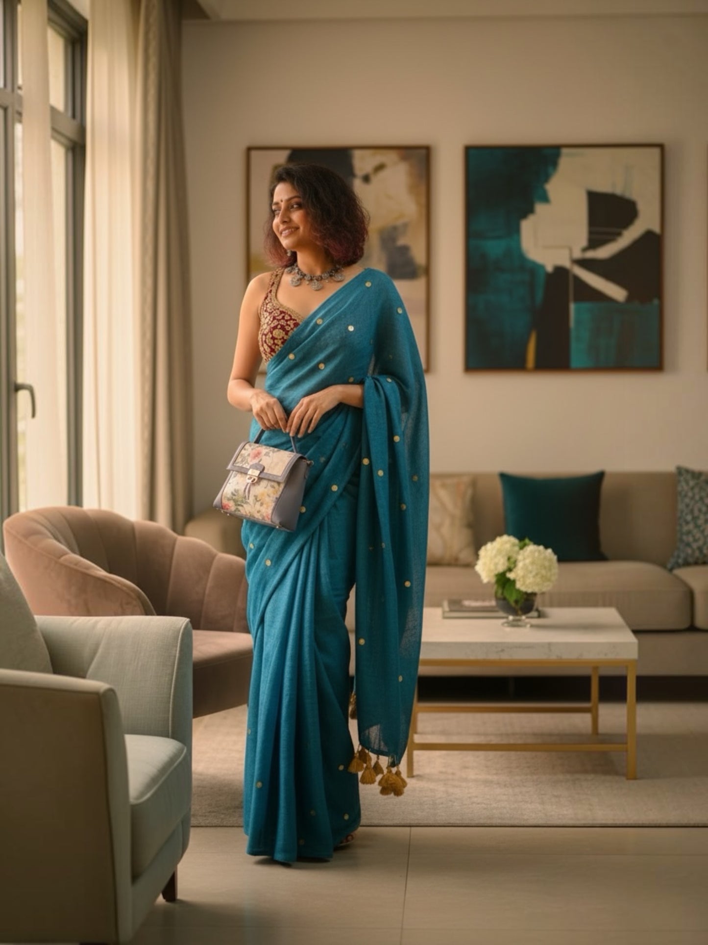 Gini Mul cotton saree(Teal blue)
