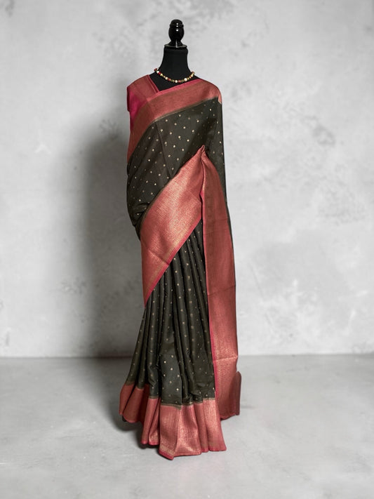 Tussar saree with Pink border (charcoal grey)