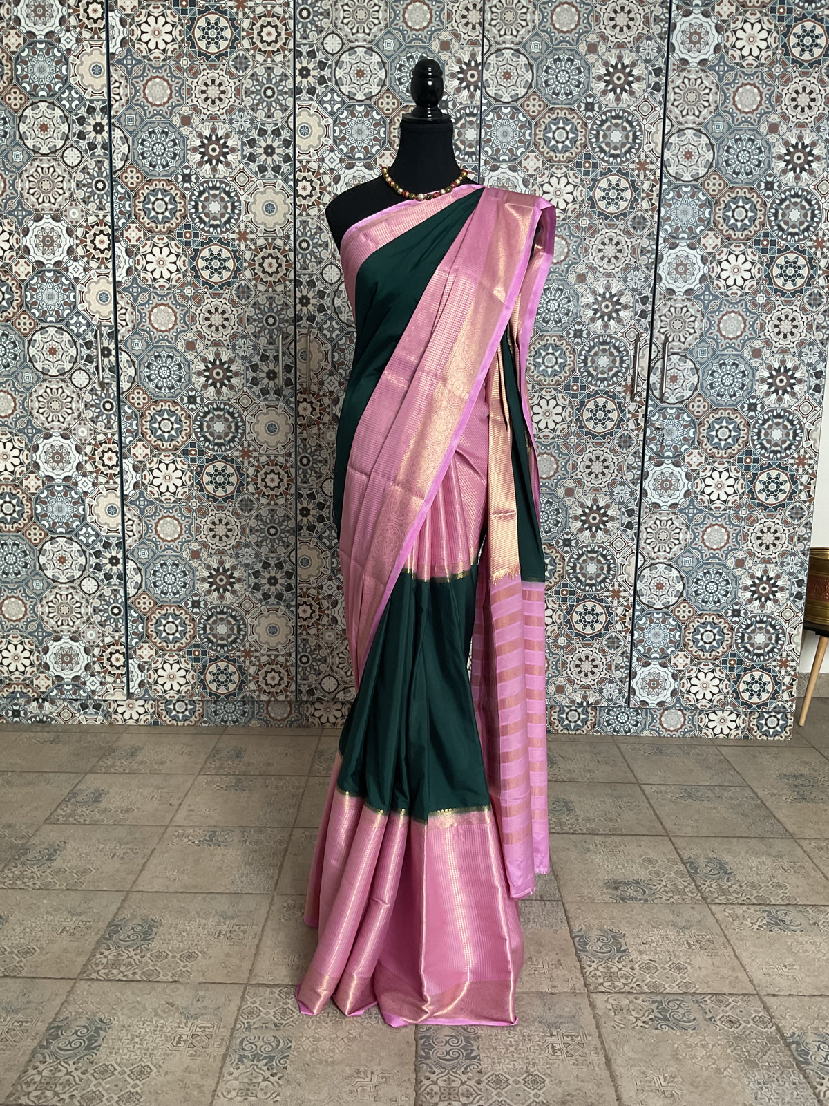 Semi Mysore silk saree(Green with Pink)